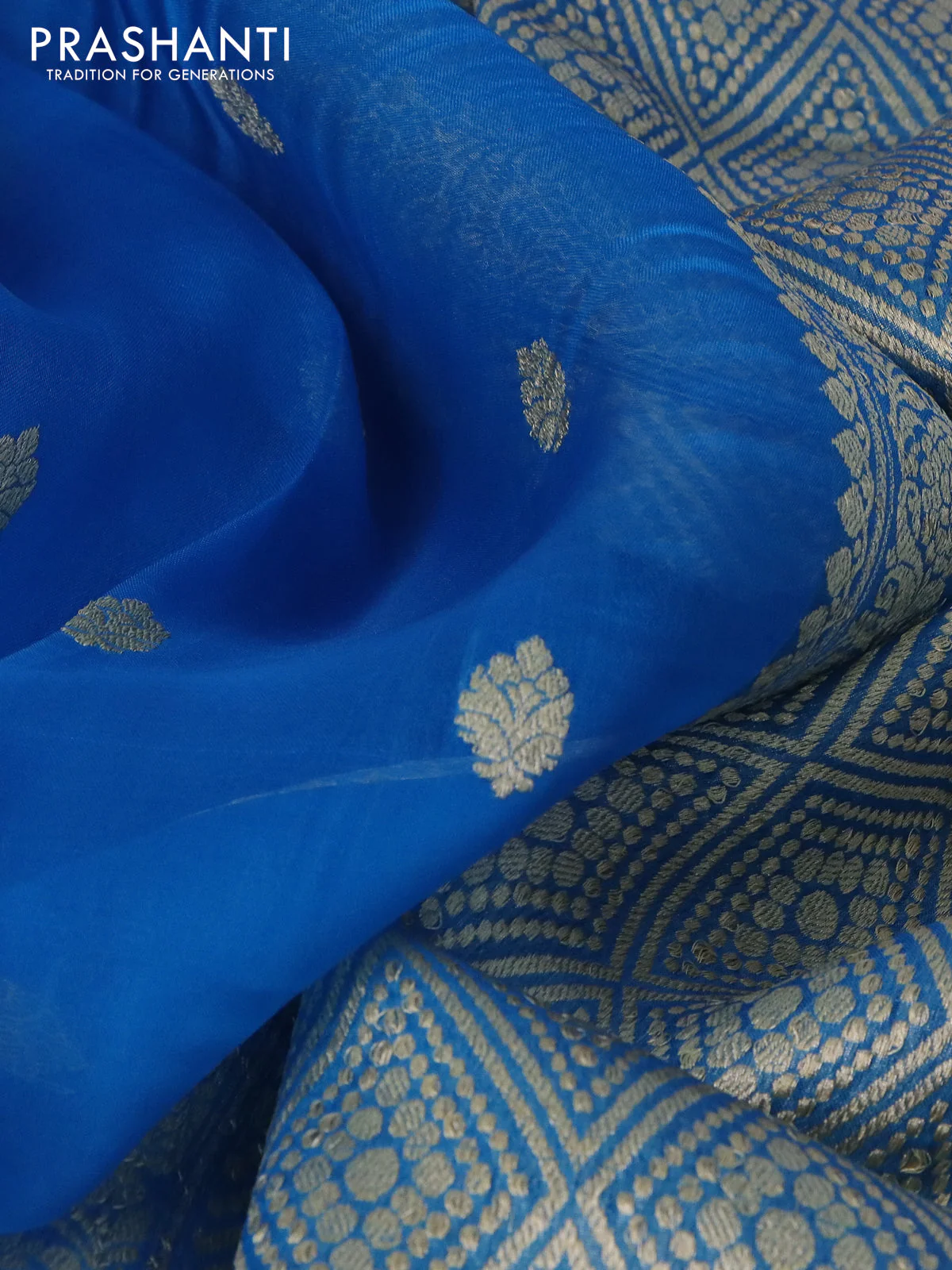 Banarasi organza silk saree cs blue with thread & zari woven buttas and thread & zari woven border - Image 3