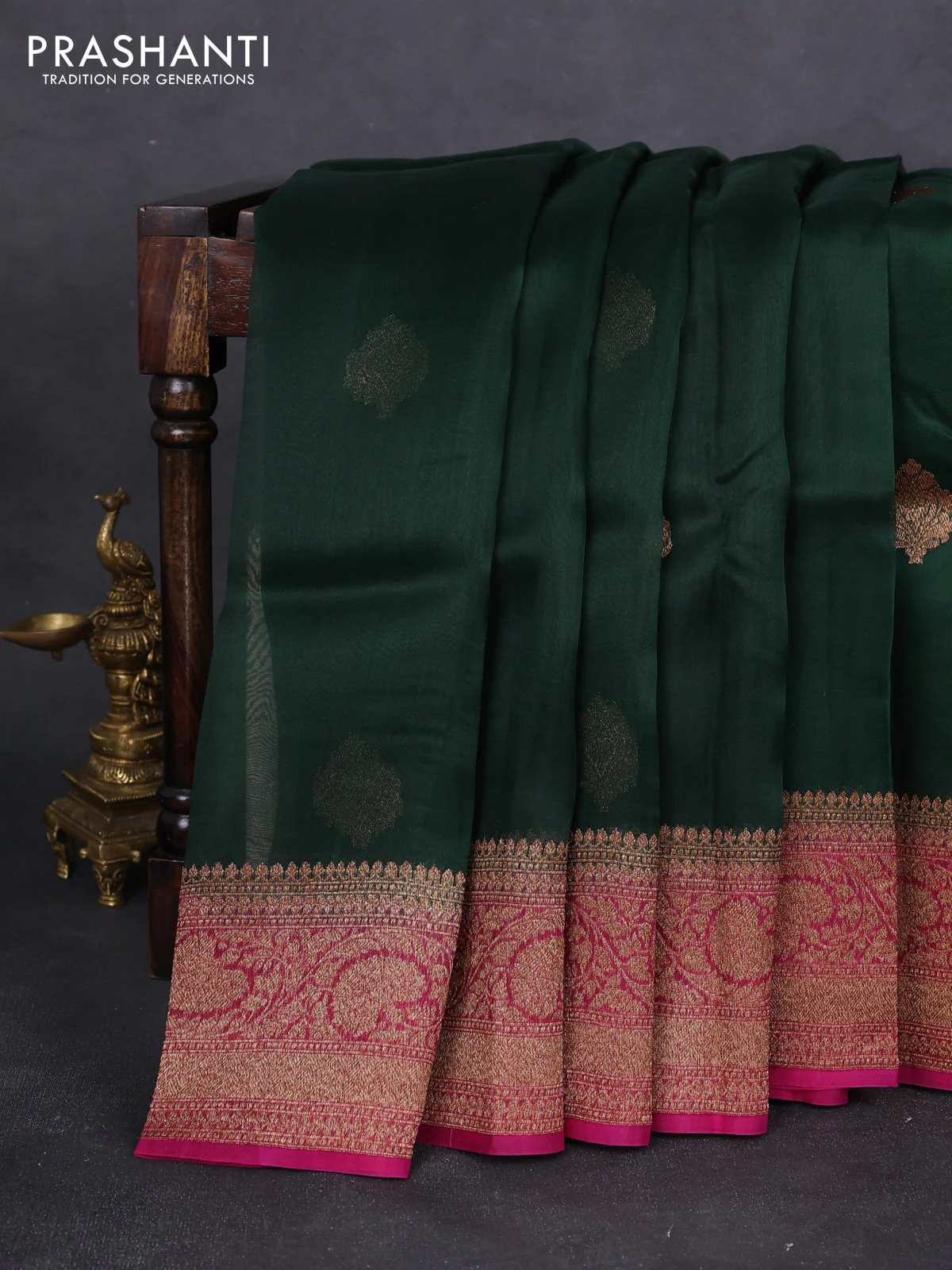 Banarasi organza silk saree dark green and pink with woven buttas and woven border