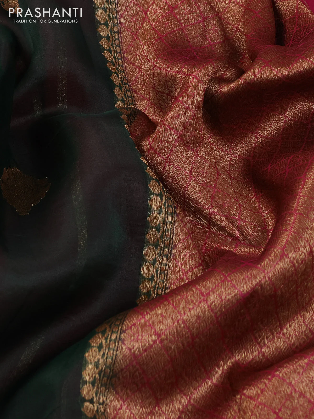 Banarasi organza silk saree dark green and pink with woven buttas and woven border - Image 3