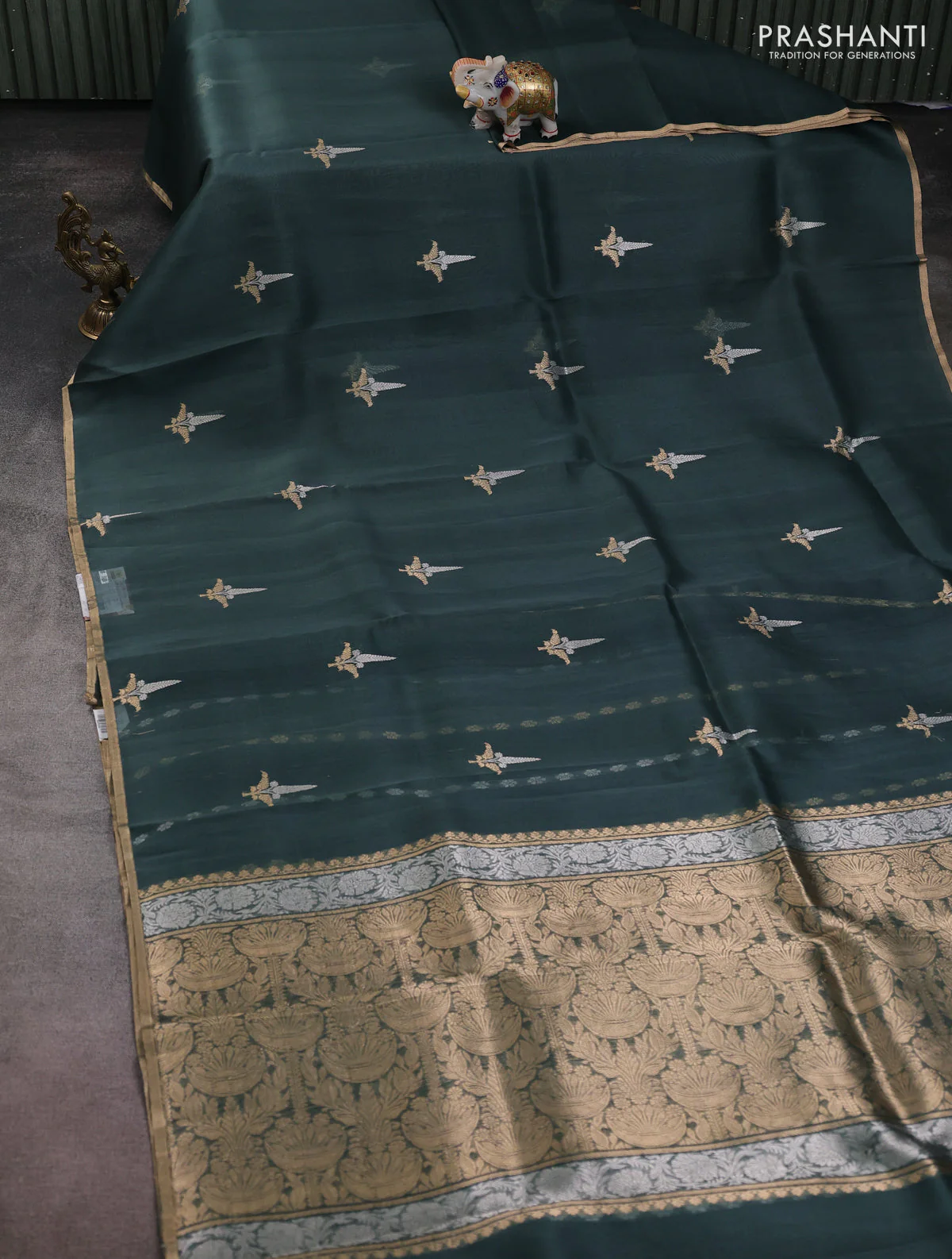 Banarasi organza silk saree dark grey with zari woven buttas and zari woven border - Image 2