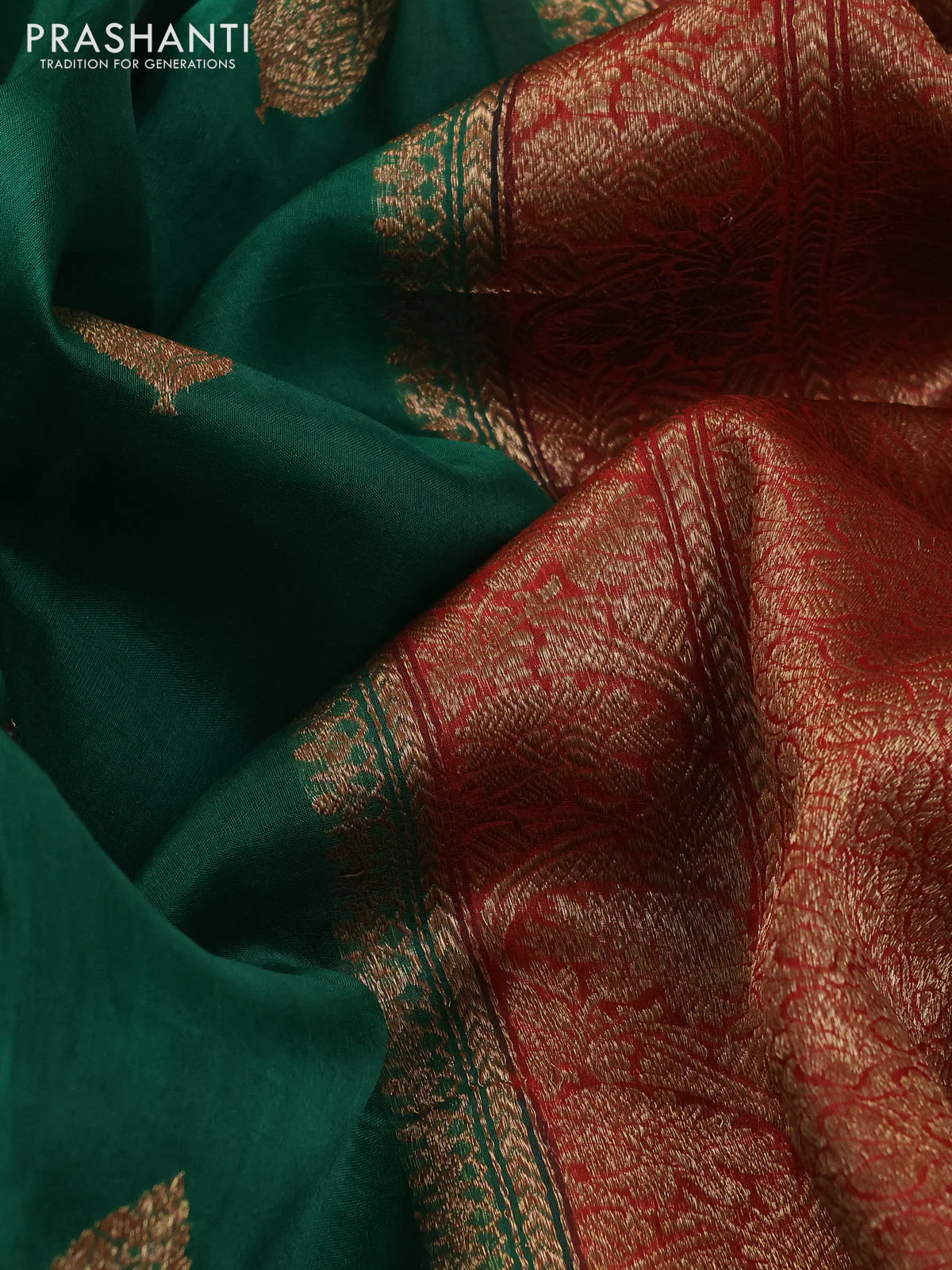 Banarasi organza silk saree green and red with woven buttas and woven border - Image 3