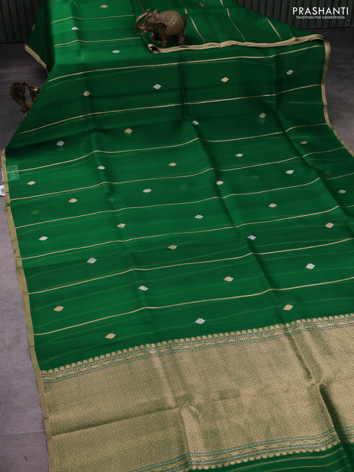Banarasi organza silk saree green with allover zari stripes pattern & butas and zari woven border - Image 2