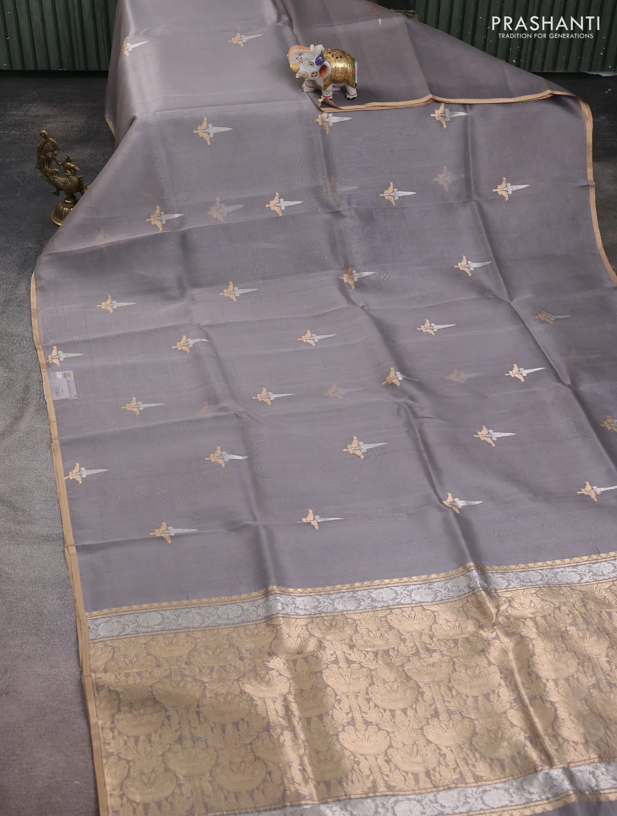 Banarasi organza silk saree grey with zari woven buttas and zari woven border - Image 2