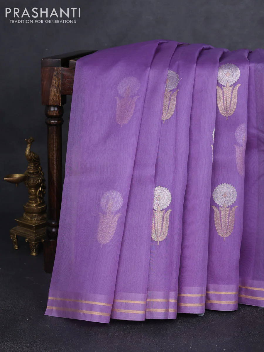 Banarasi organza silk saree lavender with floral zari woven buttas and zari woven border