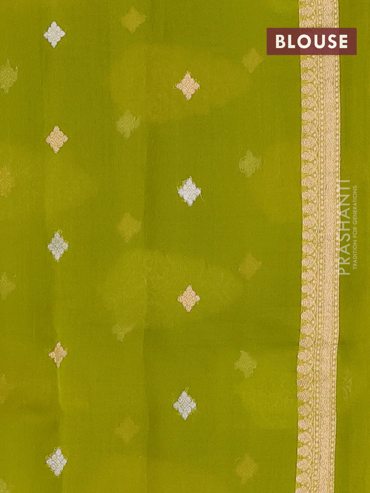 Banarasi organza silk saree light green with allover silver & gold zari weaves and simple border - Image 3