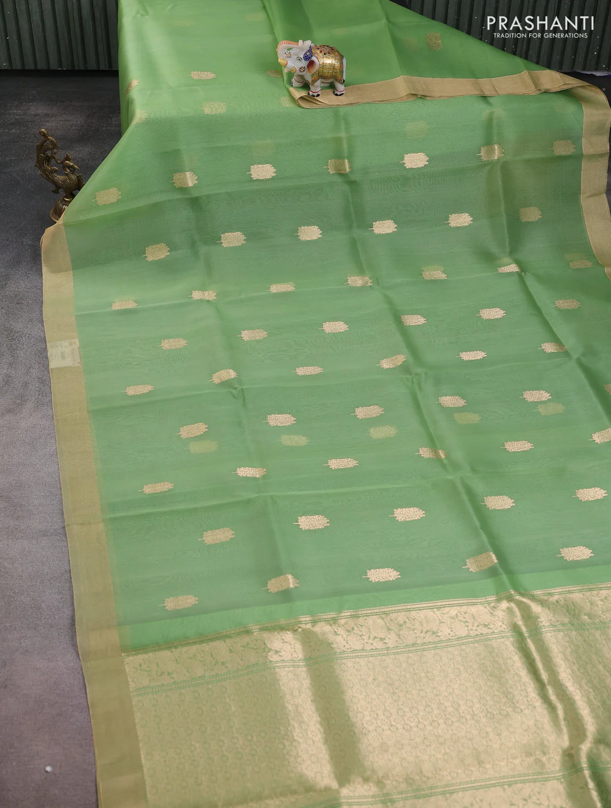 Banarasi organza silk saree light green with zari woven buttas and zari woven border - Image 2
