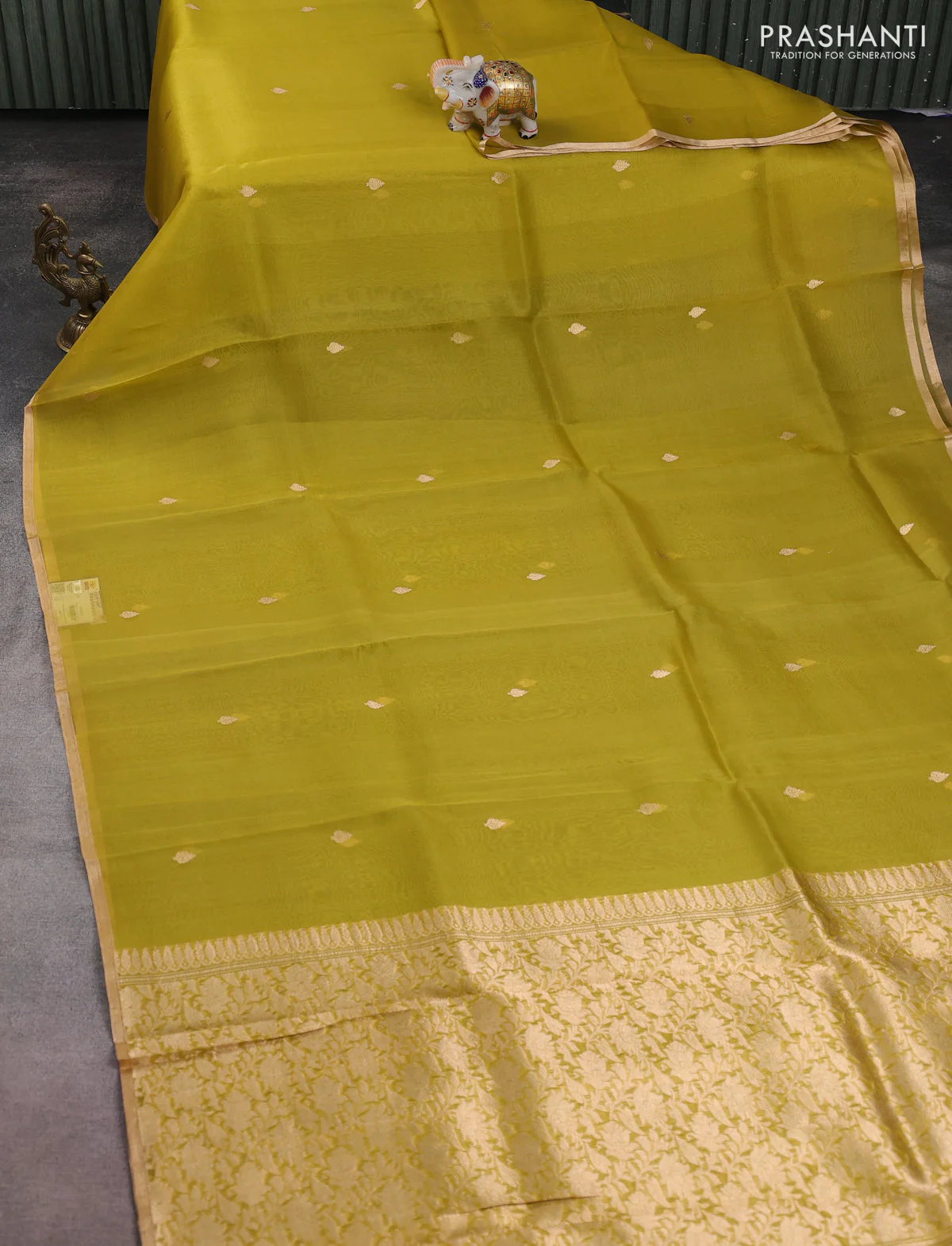 Banarasi organza silk saree lime green with zari woven buttas and zari wove border - Image 2