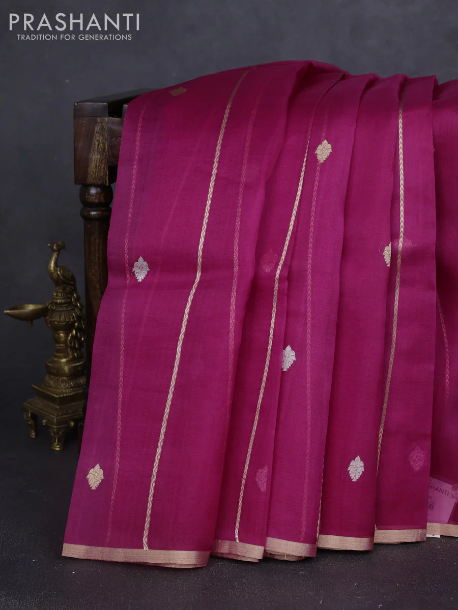 Banarasi organza silk saree magenta pink with allover zari stripes pattern & butas and zari woven border