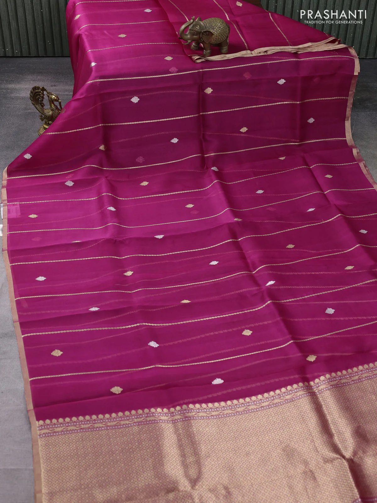 Banarasi organza silk saree magenta pink with allover zari stripes pattern & butas and zari woven border - Image 2