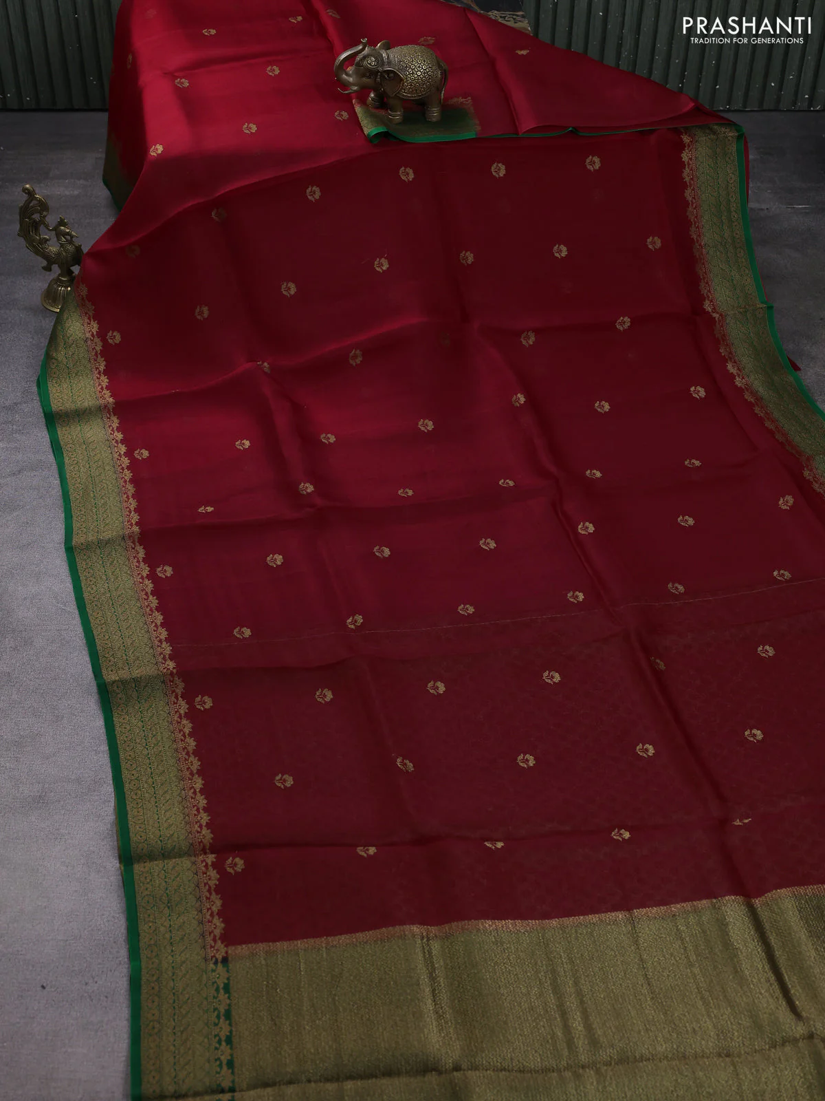Banarasi organza silk saree maroon and green with woven buttas and banarasi style border - Image 2