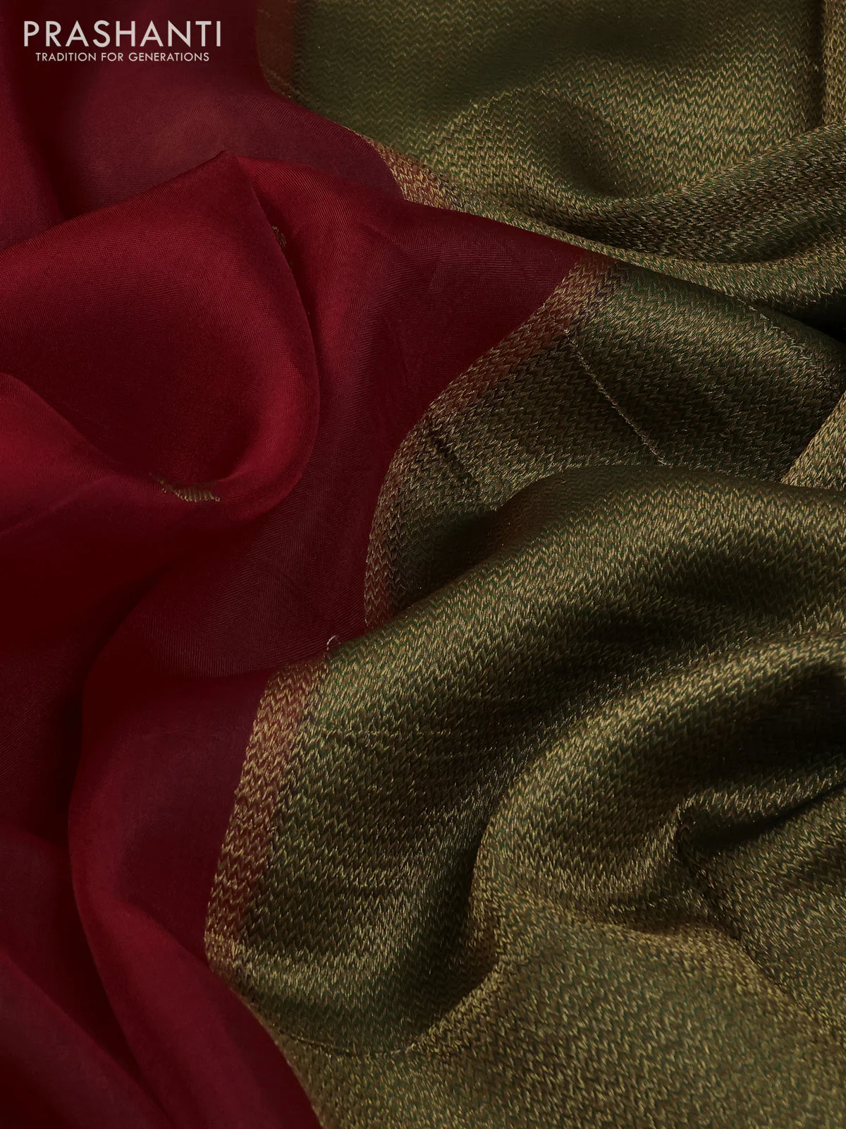Banarasi organza silk saree maroon and green with woven buttas and banarasi style border - Image 3