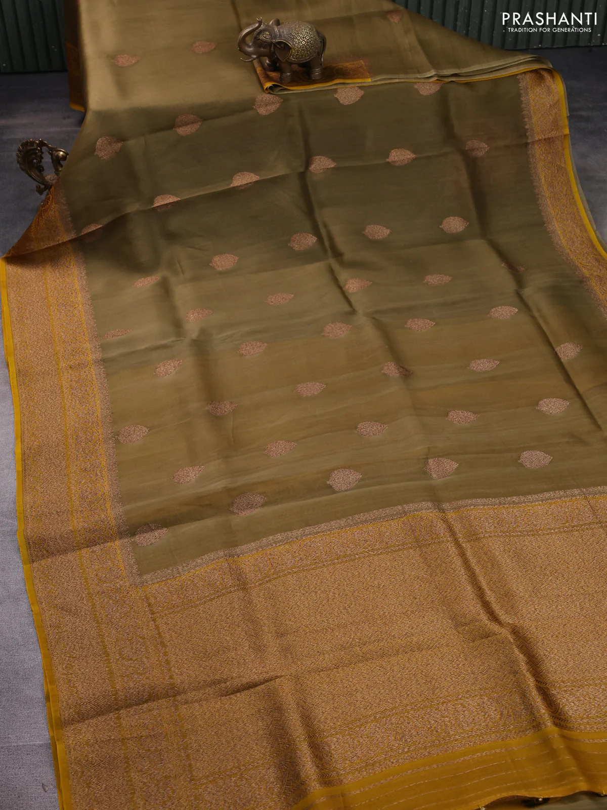 Banarasi organza silk saree mehendi green and yellow with allover thread & zari woven buttas and thread & zari woven border - Image 2