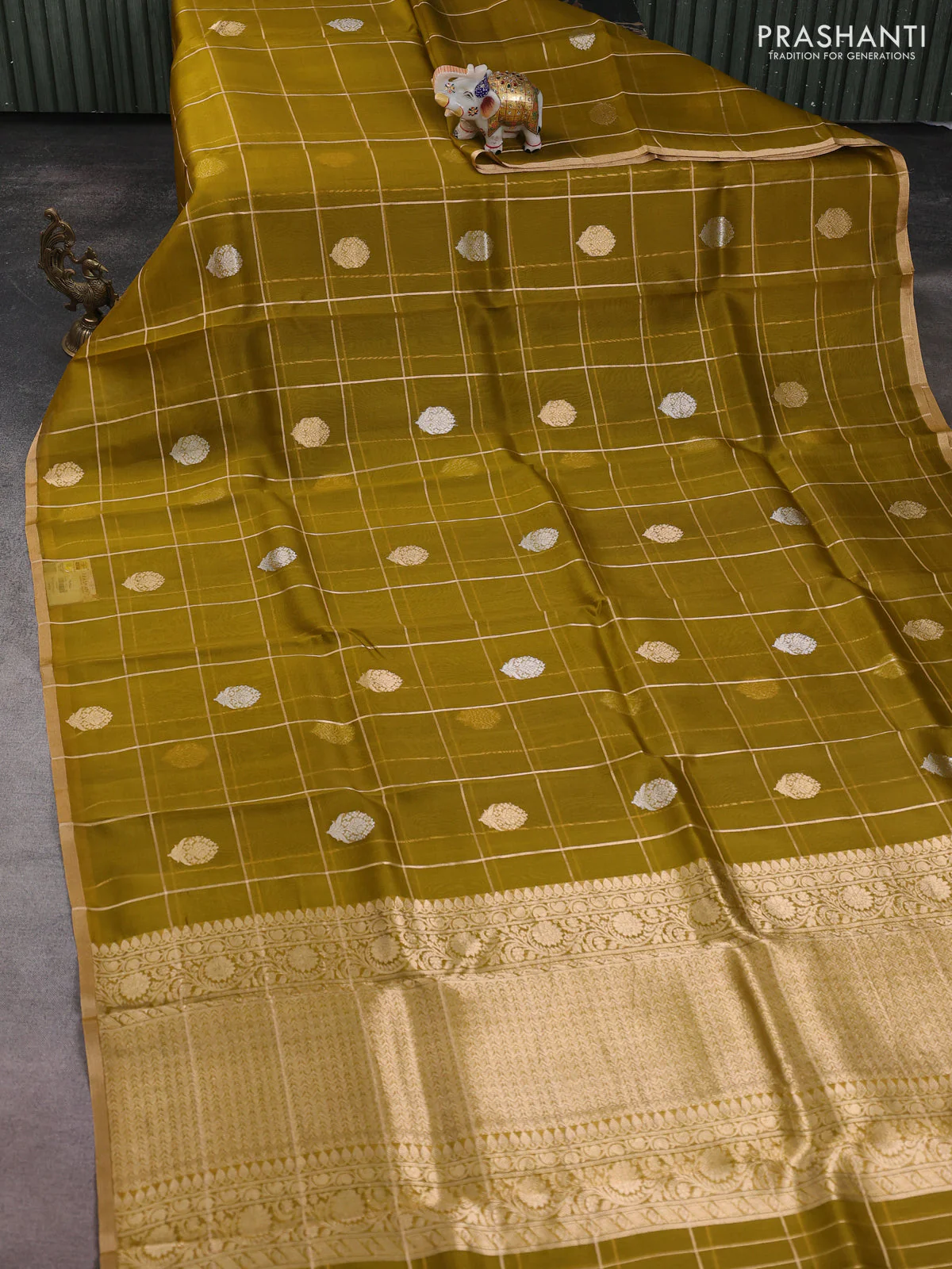 Banarasi organza silk saree mustard green with allover zari checks & buttas and zari woven border - Image 2
