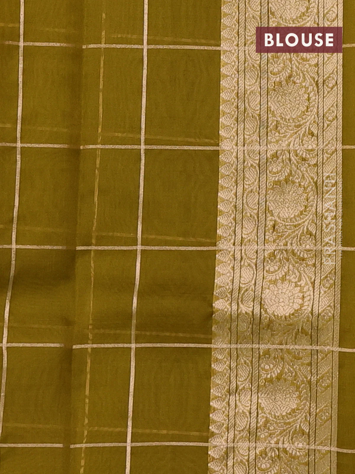 Banarasi organza silk saree mustard green with allover zari checks & buttas and zari woven border - Image 3