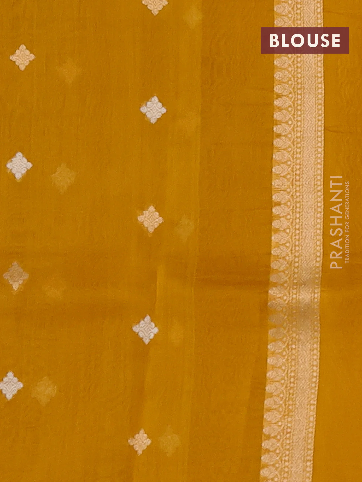 Banarasi organza silk saree mustard yellow with allover silver & gold zari weaves and simple border - Image 3