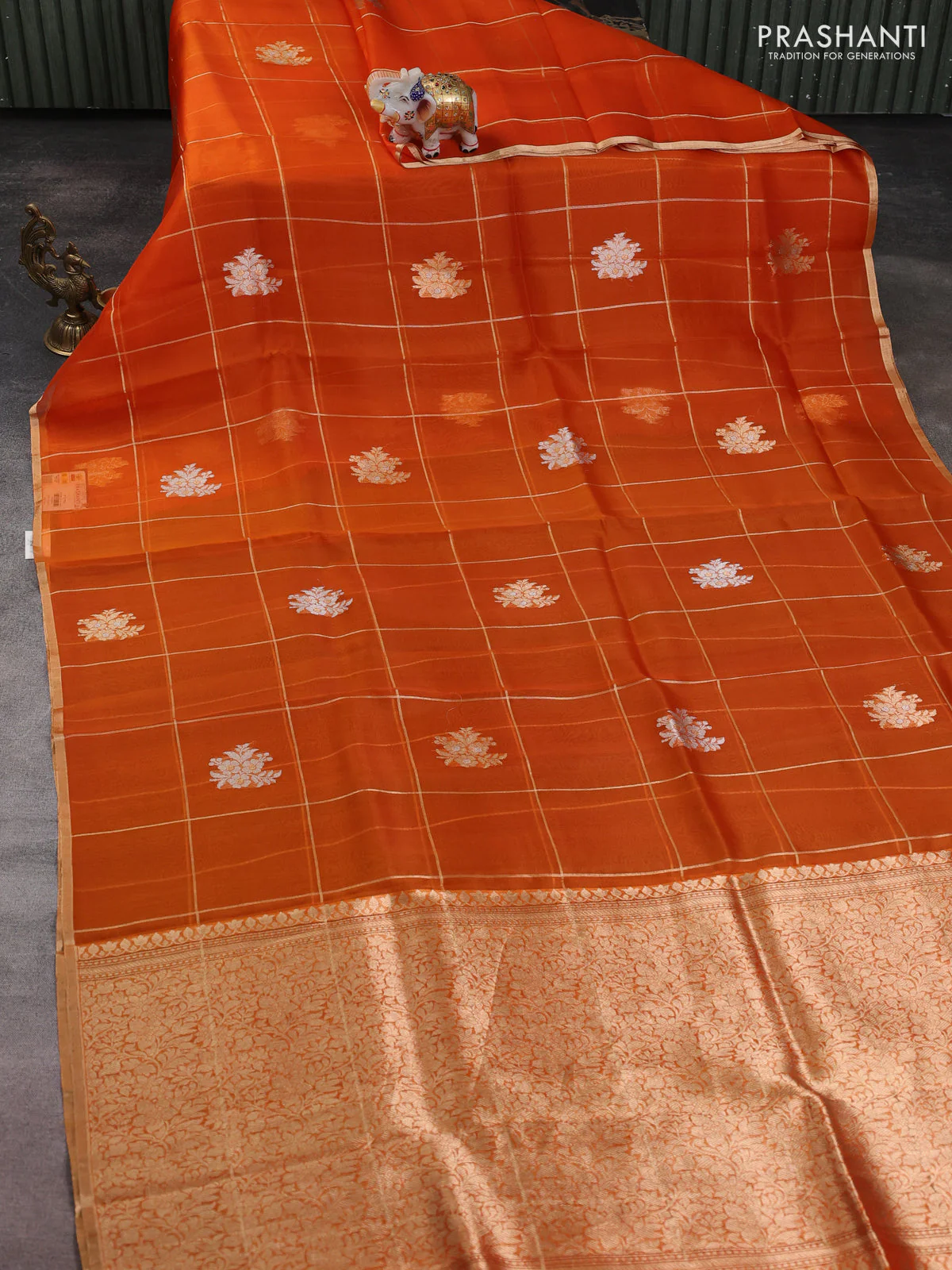 Banarasi organza silk saree orange with allover zari checks & buttas and zari woven border - Image 2