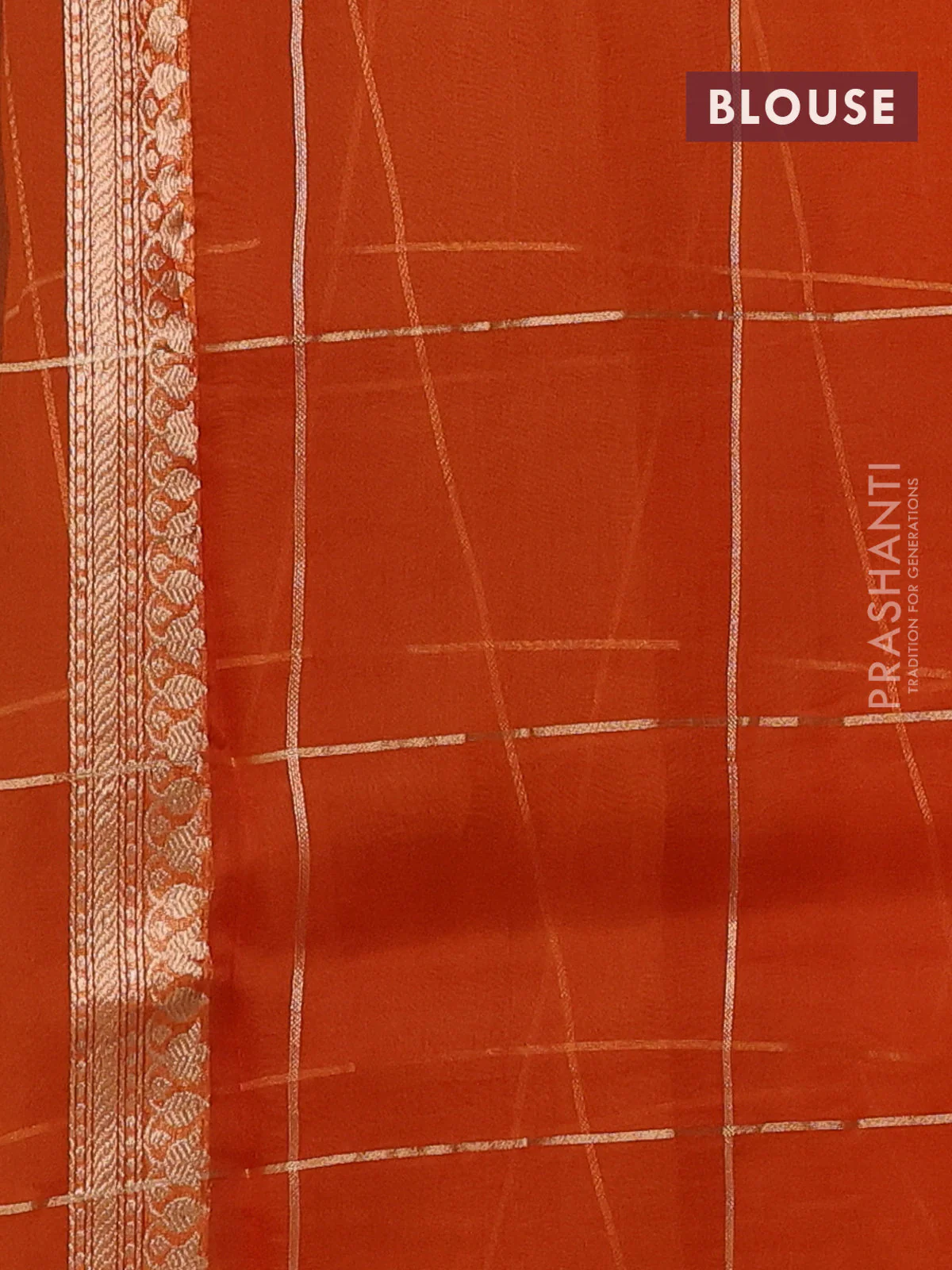 Banarasi organza silk saree orange with allover zari checks & buttas and zari woven border - Image 3