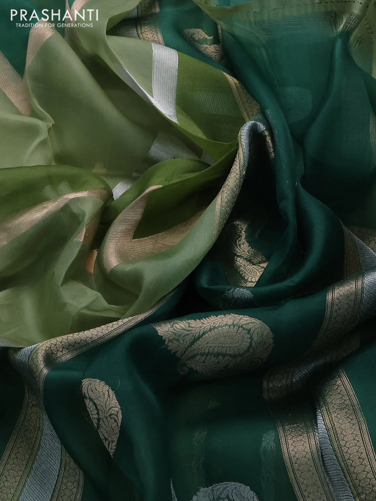 Banarasi organza silk saree pastel green and green with rangakt weaves and zari woven simple border - Image 3