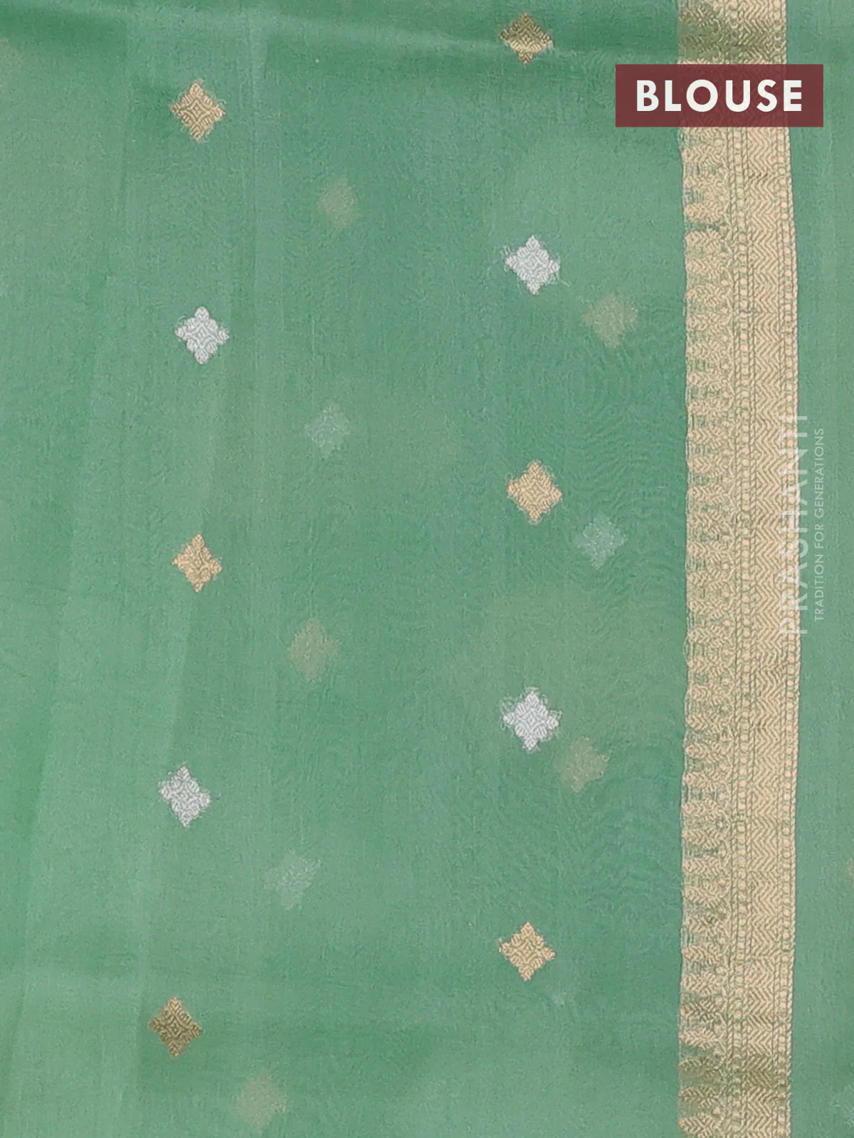 Banarasi organza silk saree pastel green with allover silver & gold zari weaves and simple border - Image 3