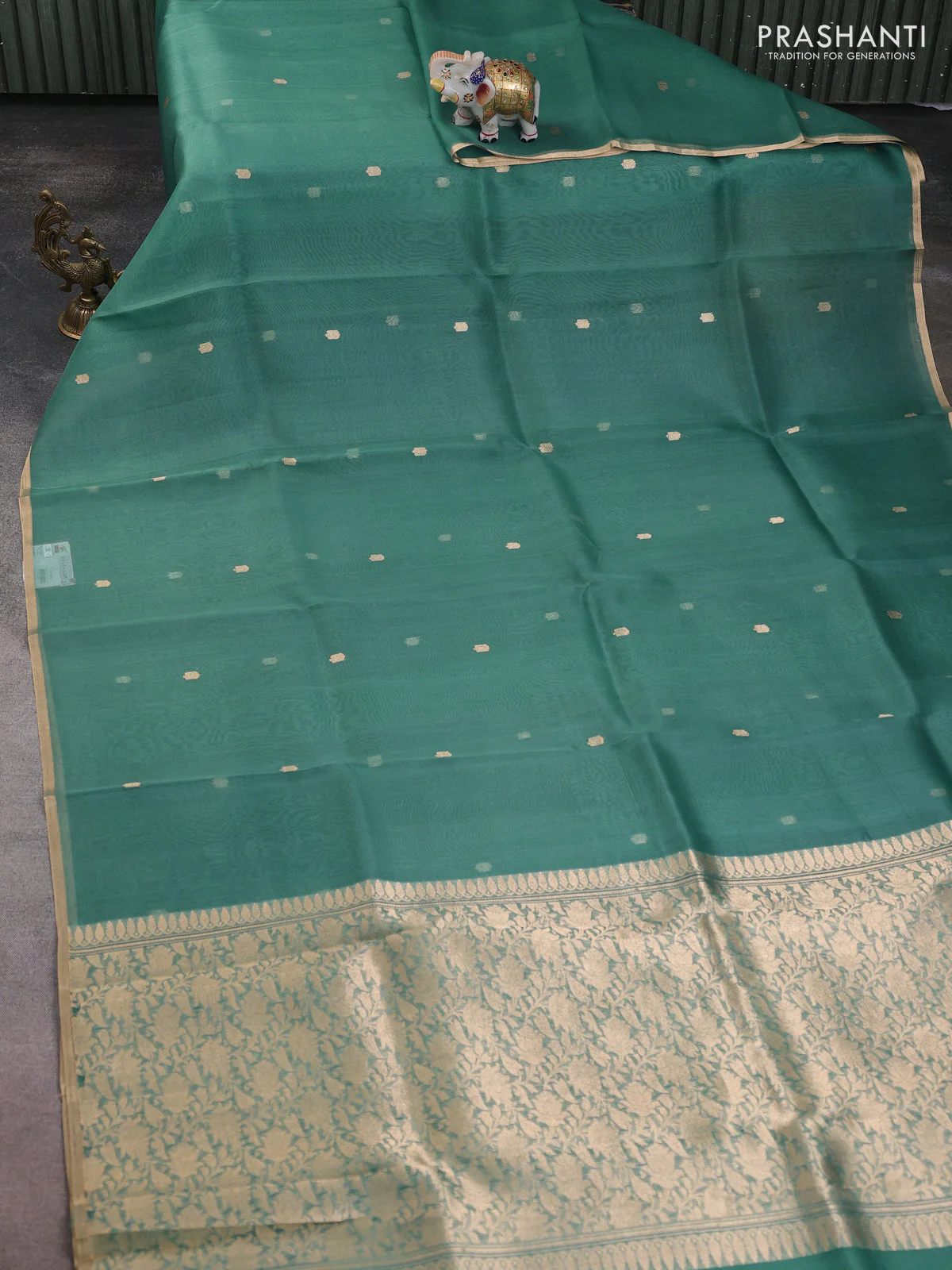 Banarasi organza silk saree pastel green with allover zari woven buttas and zari woven border - Image 2