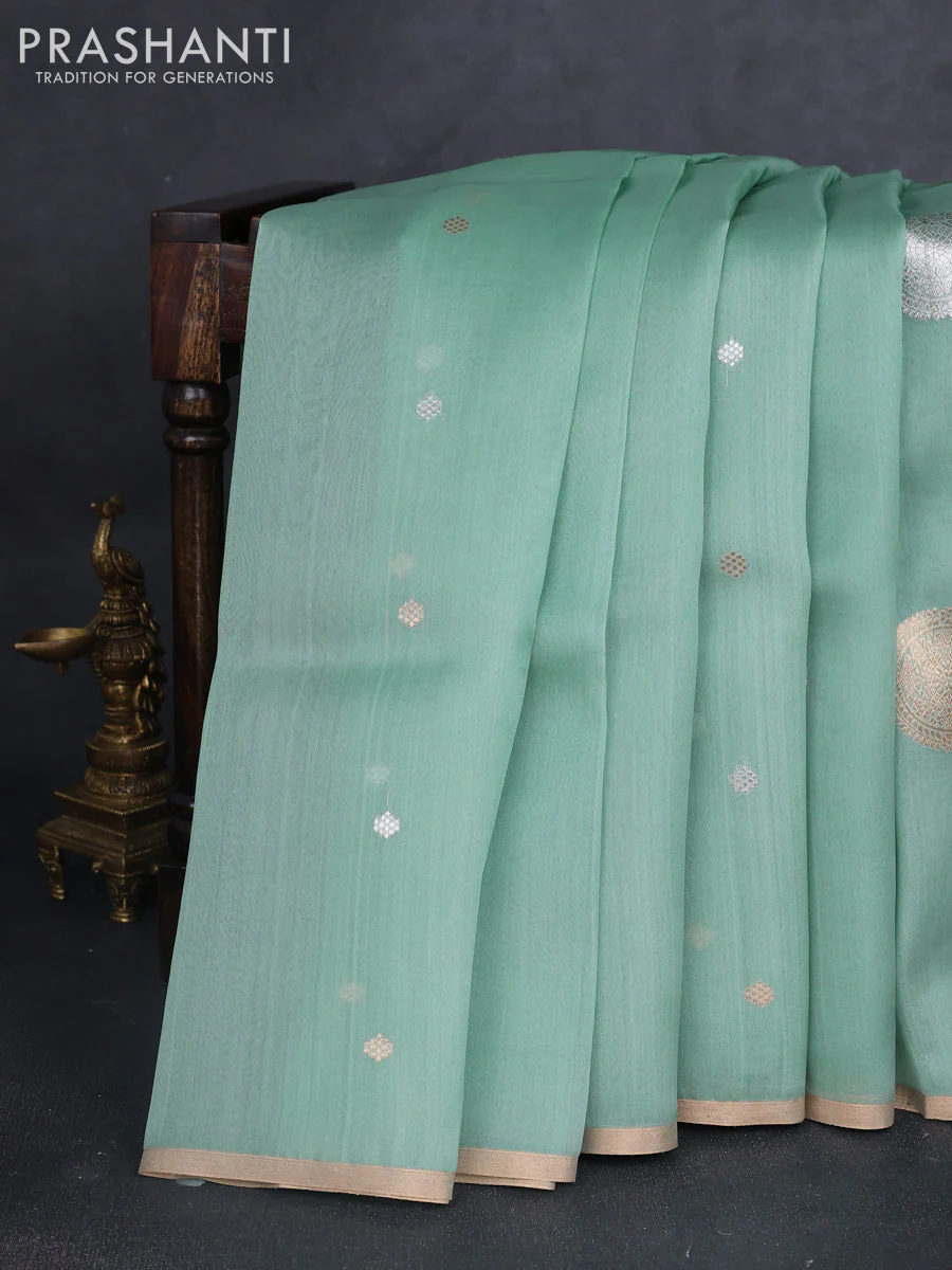 Banarasi organza silk saree pastel green with rudraksha silver & gold zari woven buttas and zari woven border