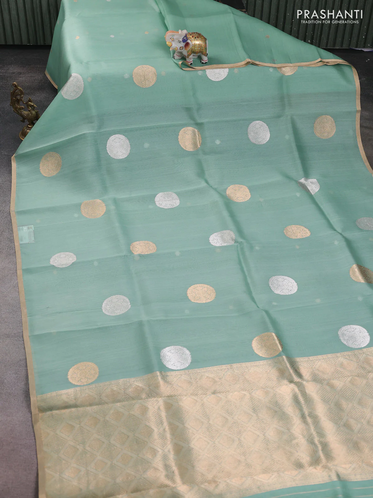 Banarasi organza silk saree pastel green with rudraksha silver & gold zari woven buttas and zari woven border - Image 2