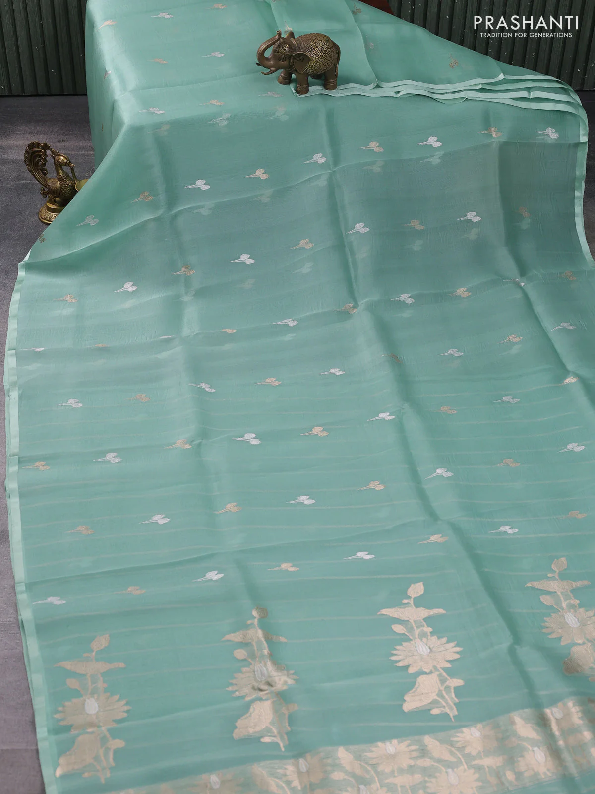 Banarasi organza silk saree pastel green with silver & gold zari woven buttas and piping border - Image 2