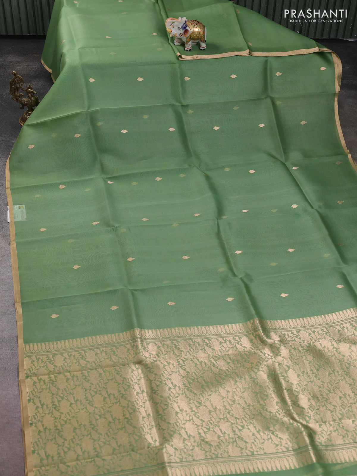 Banarasi organza silk saree pastel green with zari woven buttas and zari woven border - Image 2
