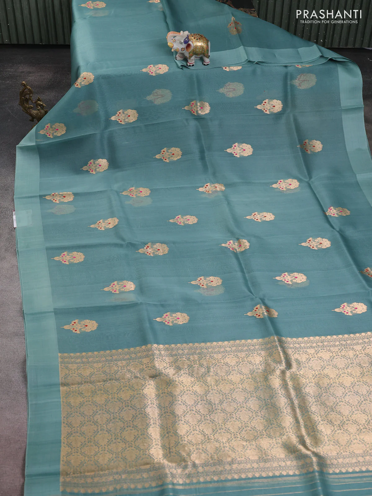 Banarasi organza silk saree pastel grey with zari woven buttas and simple border - Image 2
