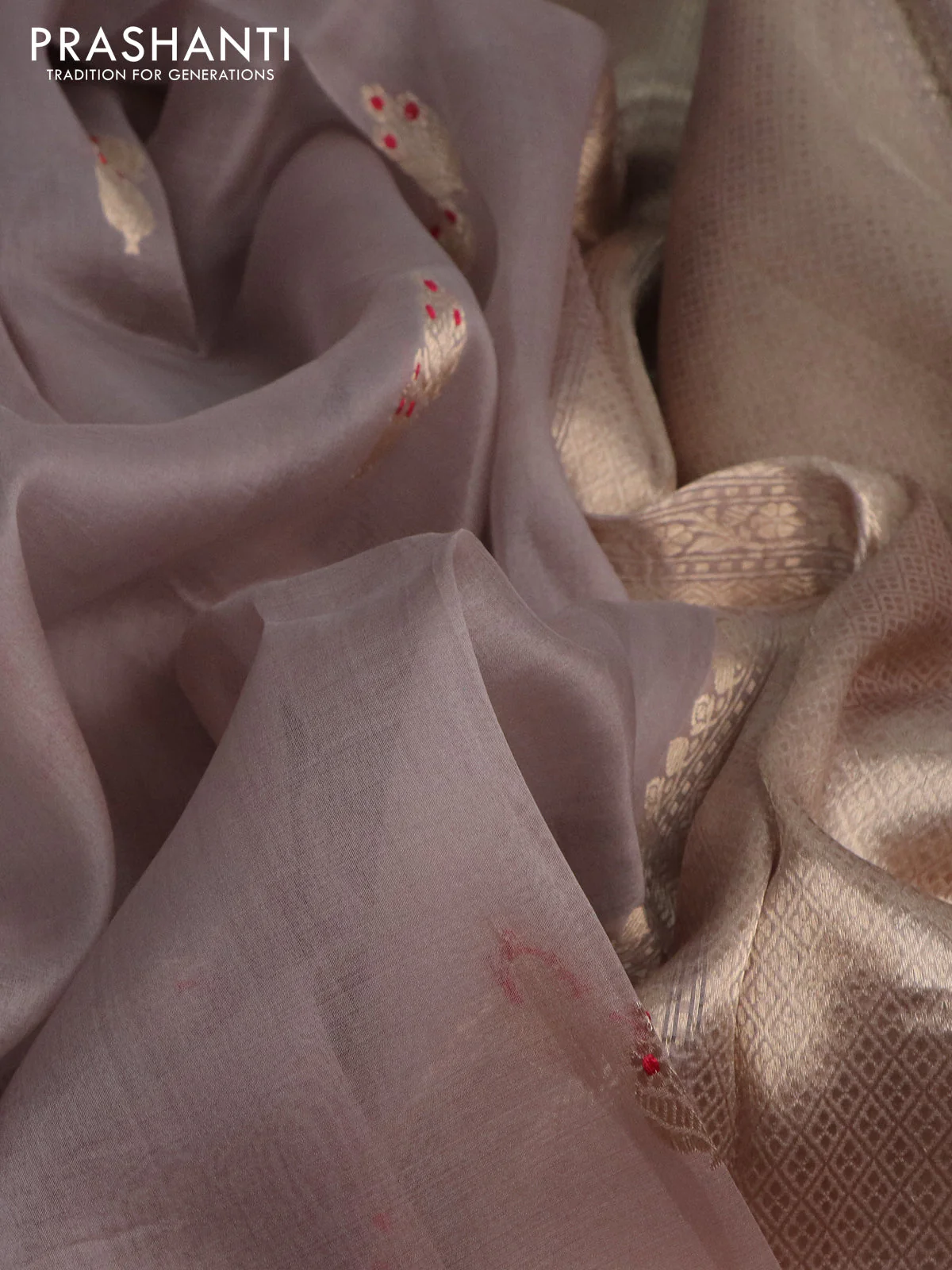 Banarasi organza silk saree pastel grey with zari woven buttas and zari woven border - Image 2