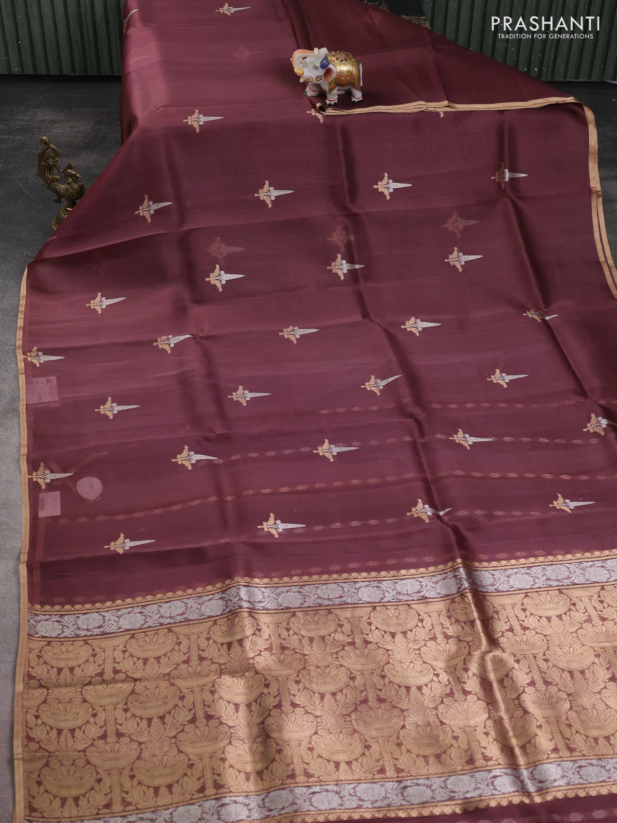 Banarasi organza silk saree pastel maroon with zari woven buttas and zari woven border - Image 2