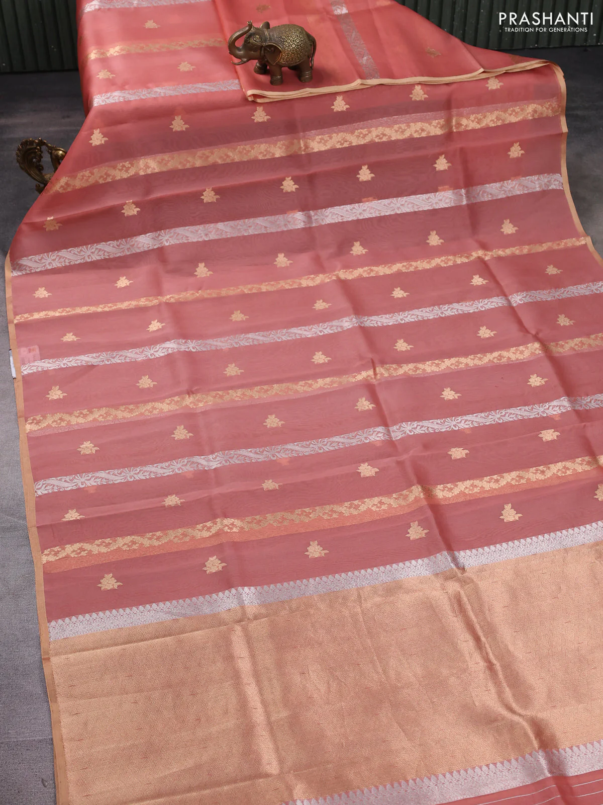 Banarasi organza silk saree pastel peach with allover zari stripes pattern & buttas and zari woven border - Image 2
