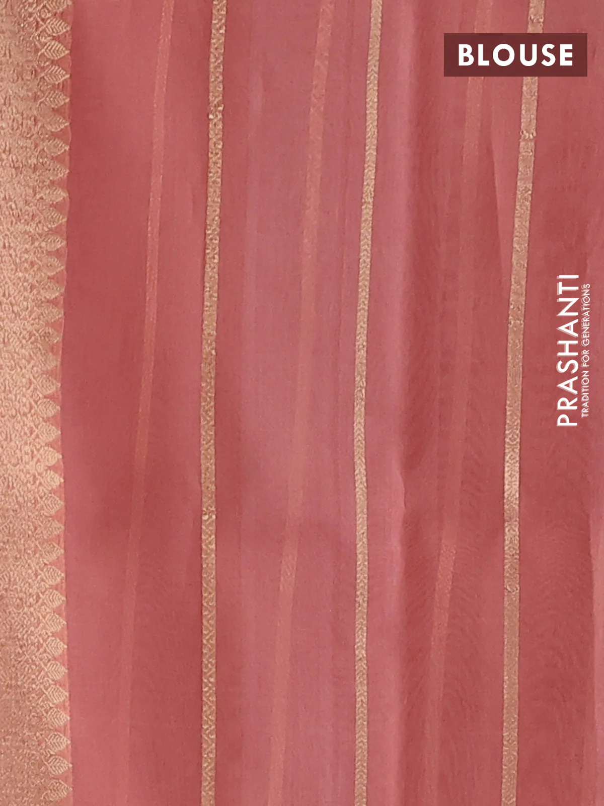 Banarasi organza silk saree pastel peach with allover zari stripes pattern & buttas and zari woven border - Image 3
