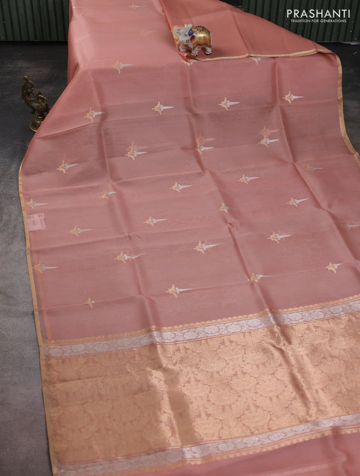 Banarasi organza silk saree pastel peach with zari woven buttas and zari woven border - Image 2