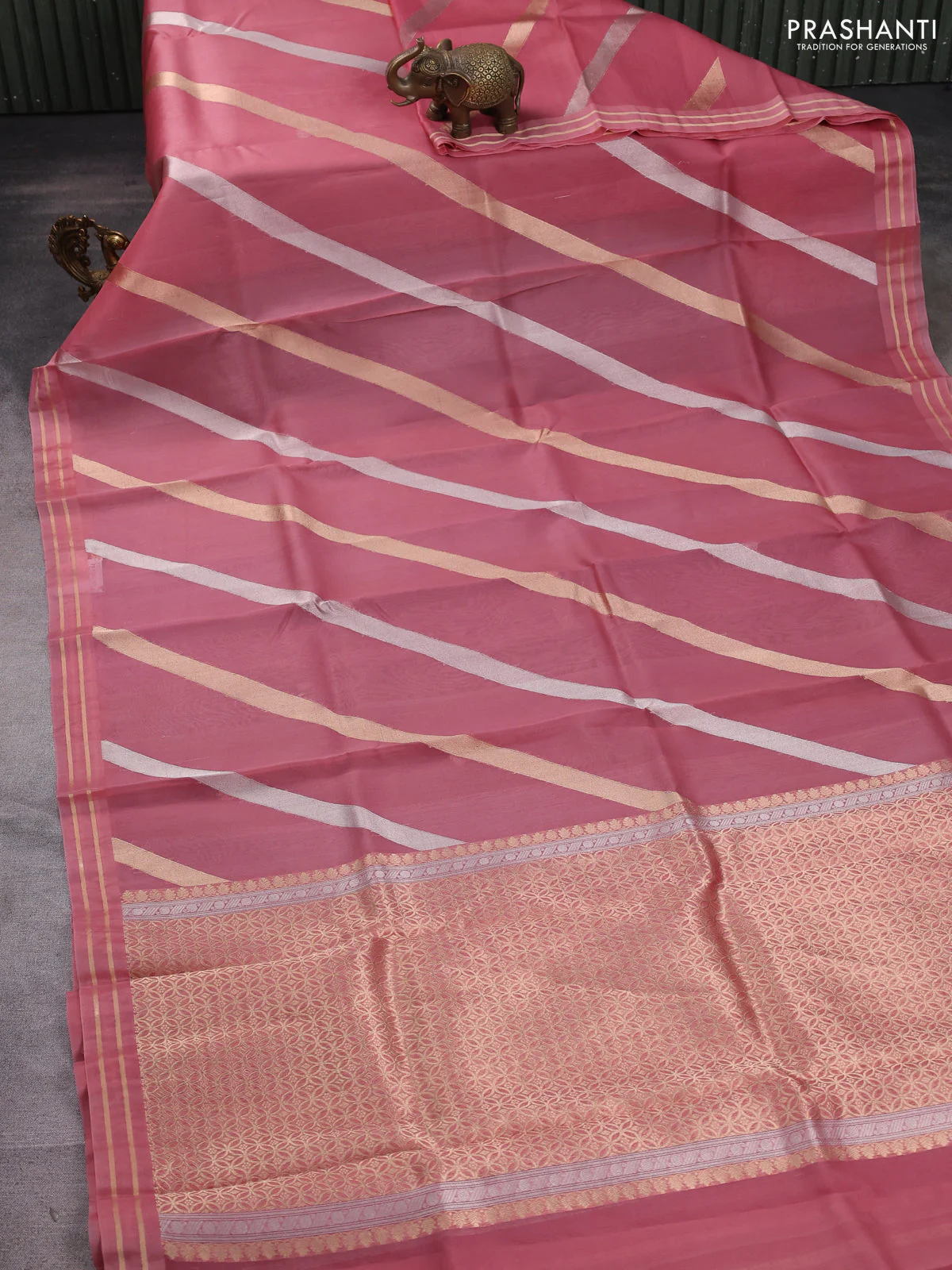 Banarasi organza silk saree pastel pink with allover silver & gold zari weaves and zari woven border - Image 2