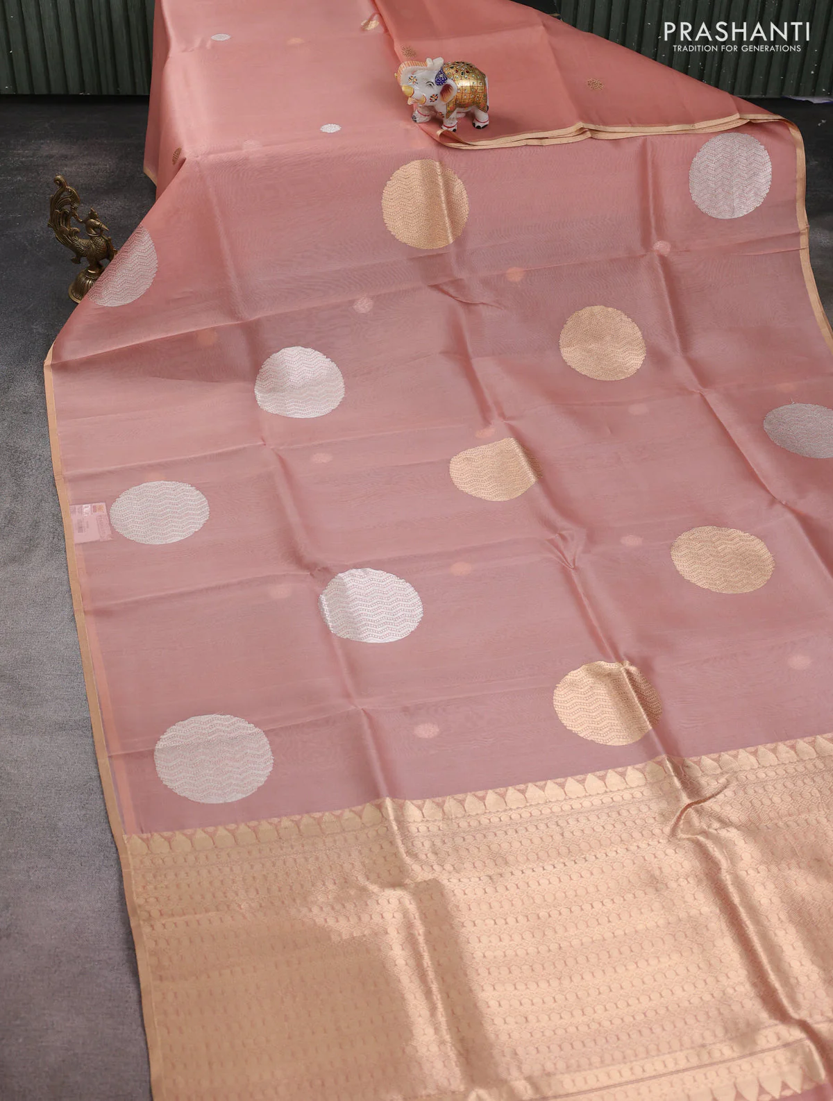 Banarasi organza silk saree pastel pink with rudraksha silver & gold zari woven buttas and zari woven border - Image 2