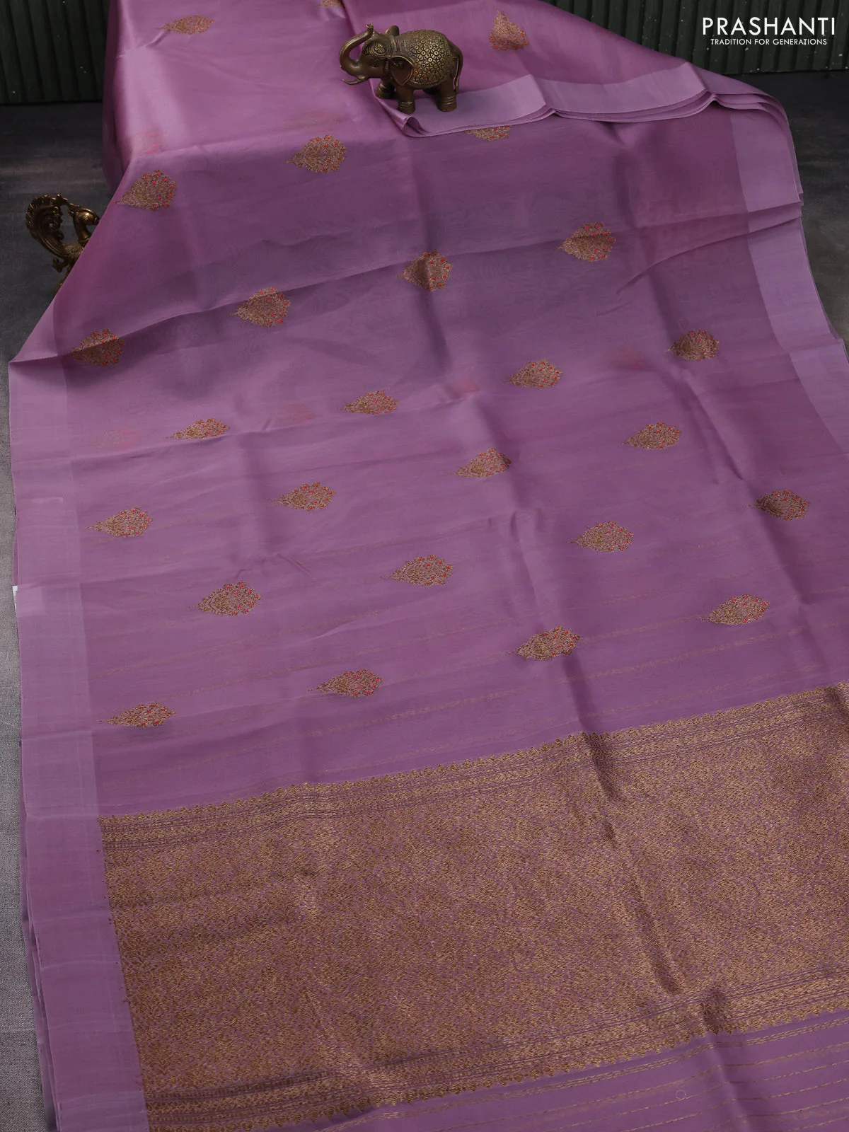 Banarasi organza silk saree pastel purple with allover thread & zari woven buttas and simple border - Image 2