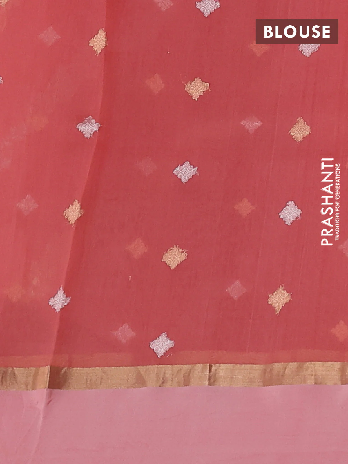 Banarasi organza silk saree peach pink with allover silver & gold zari weaves and zari woven simple border - Image 3