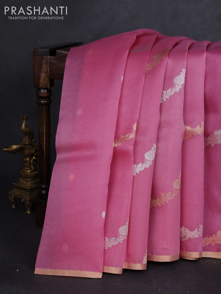 Banarasi organza silk saree peach pink with allover silver & zari weaves and zari woven border