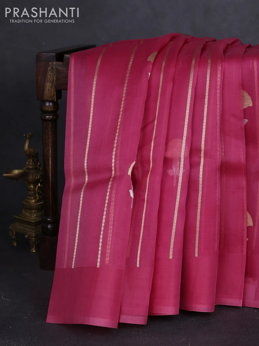 Banarasi organza silk saree peach pink with allover zari stripes pattern & buttas and simple border