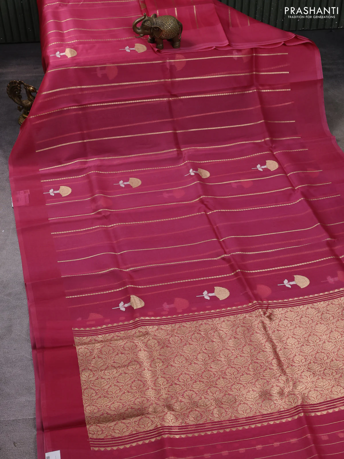 Banarasi organza silk saree peach pink with allover zari stripes pattern & buttas and simple border - Image 2