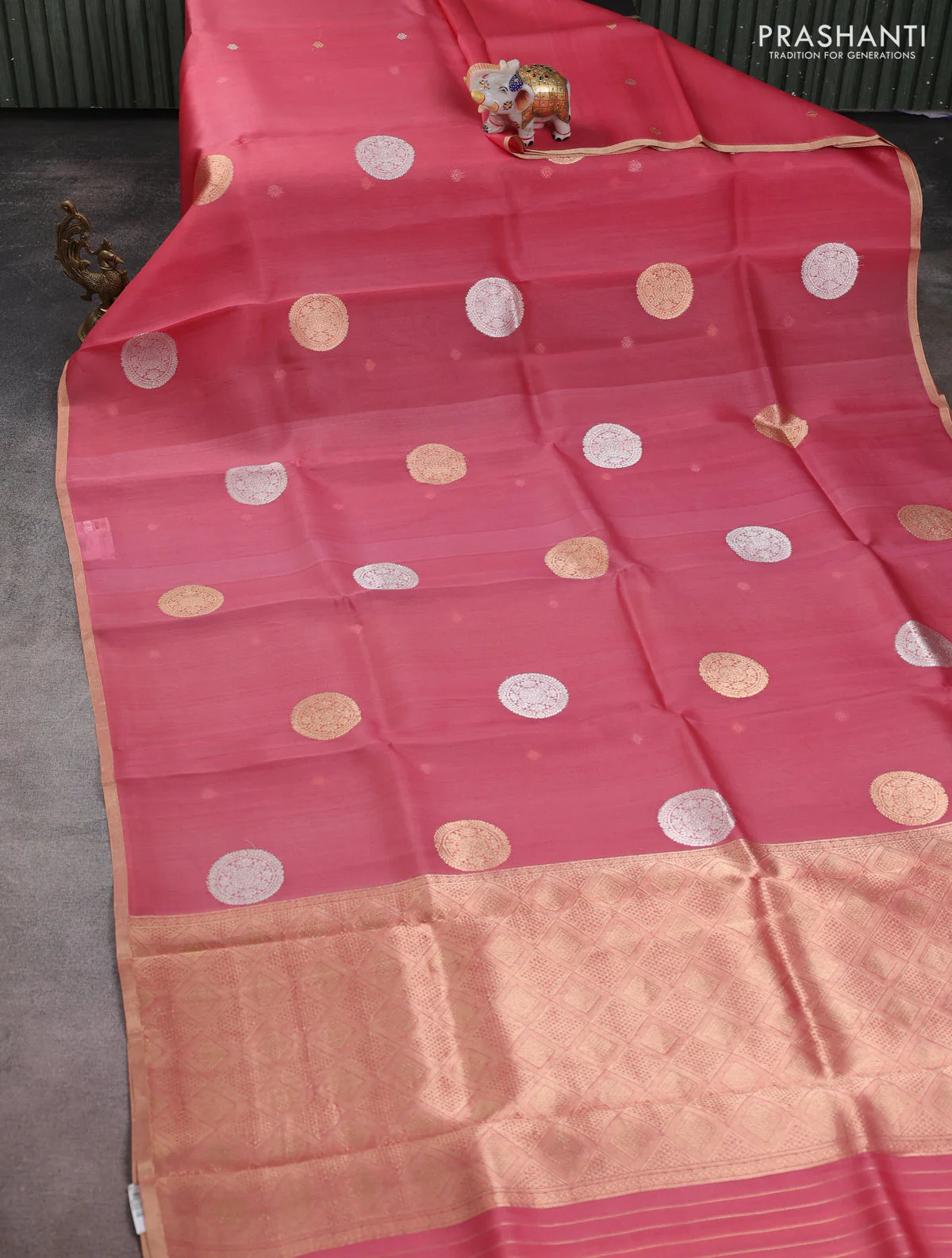 Banarasi organza silk saree peach pink with rudraksha silver & gold zari woven buttas and zari woven border - Image 2