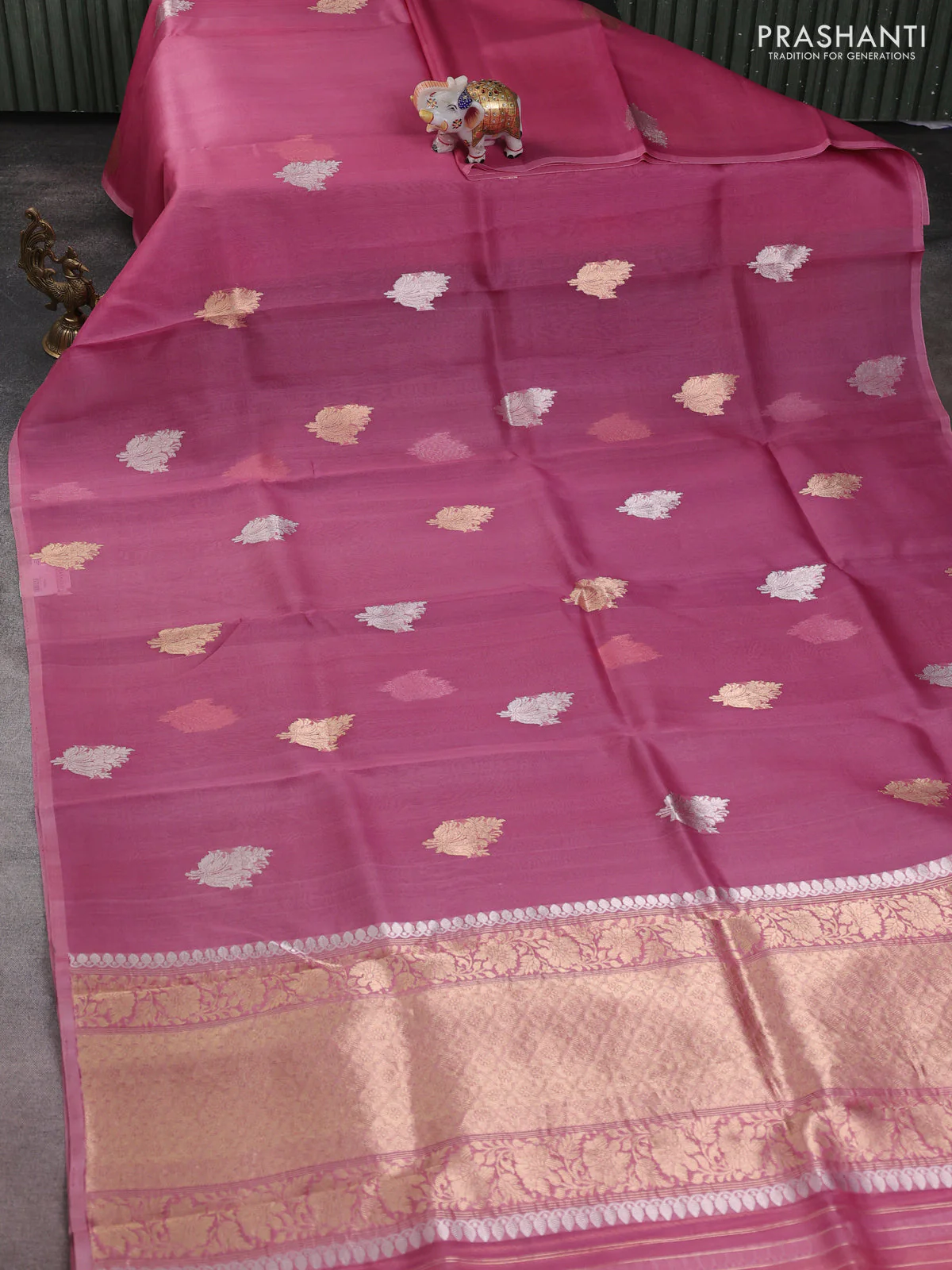 Banarasi organza silk saree peach pink with zari woven buttas and piping border - Image 2