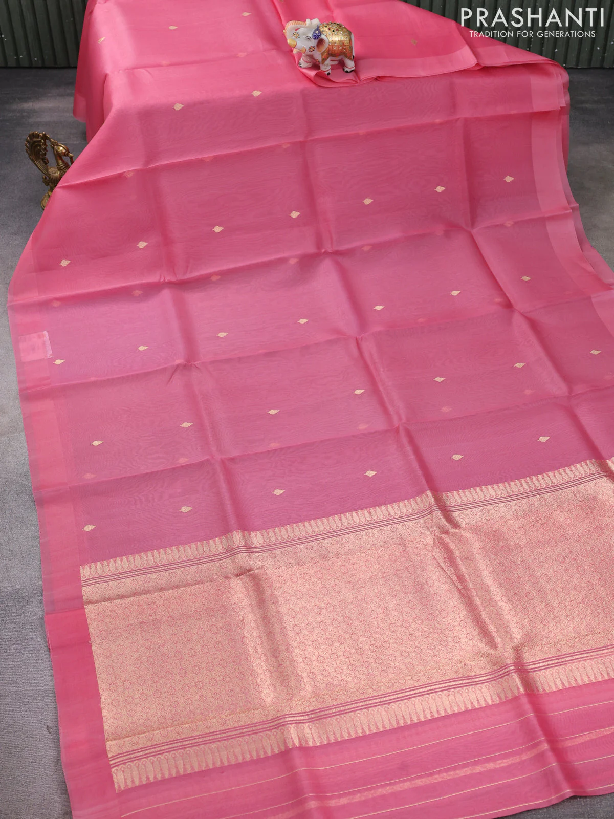 Banarasi organza silk saree peach pink with zari woven buttas and simple border - Image 2