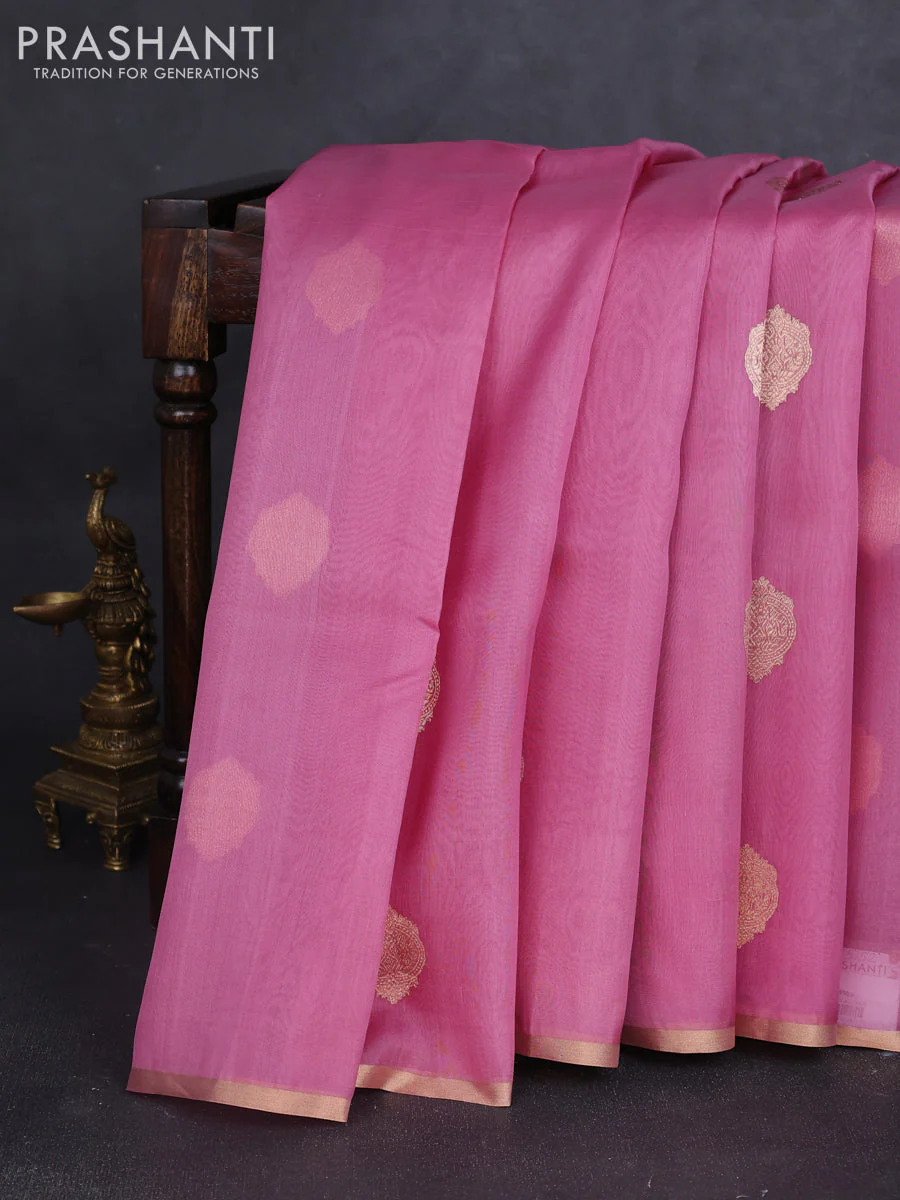 Banarasi organza silk saree peach pink with zari woven buttas and zari woven border