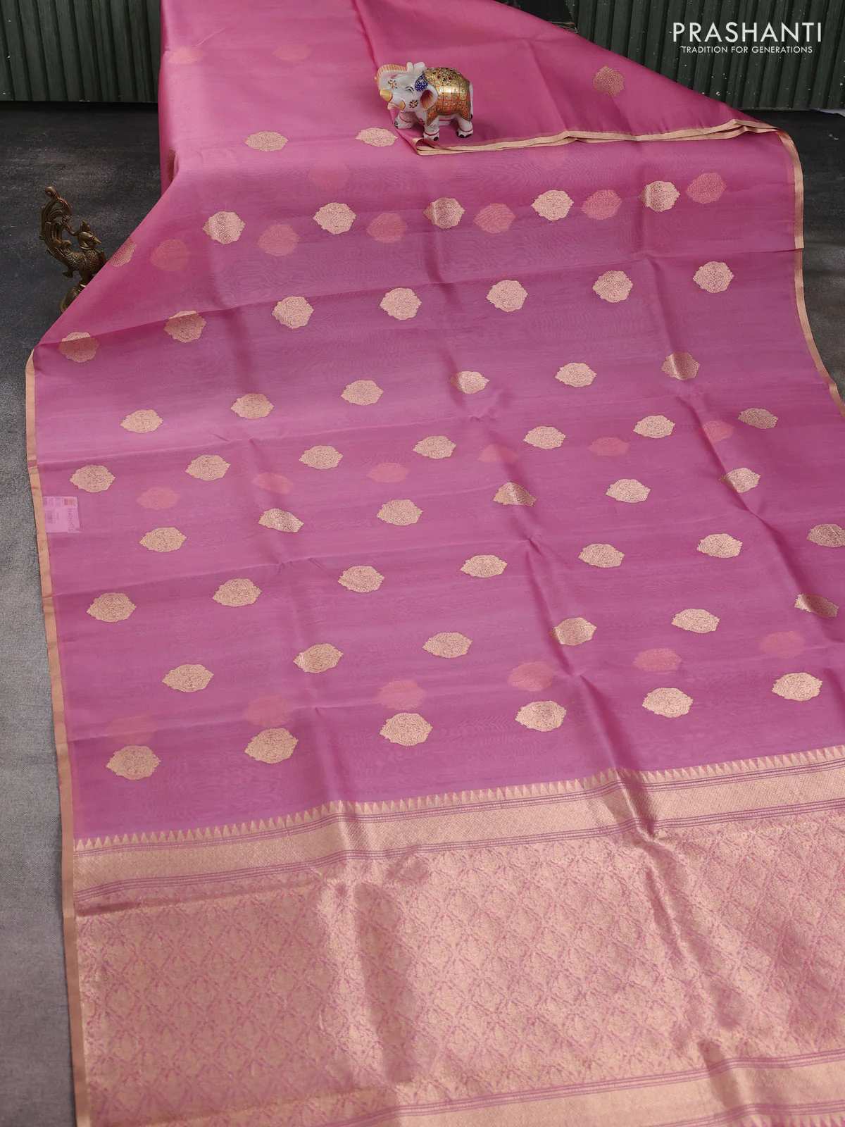 Banarasi organza silk saree peach pink with zari woven buttas and zari woven border - Image 2