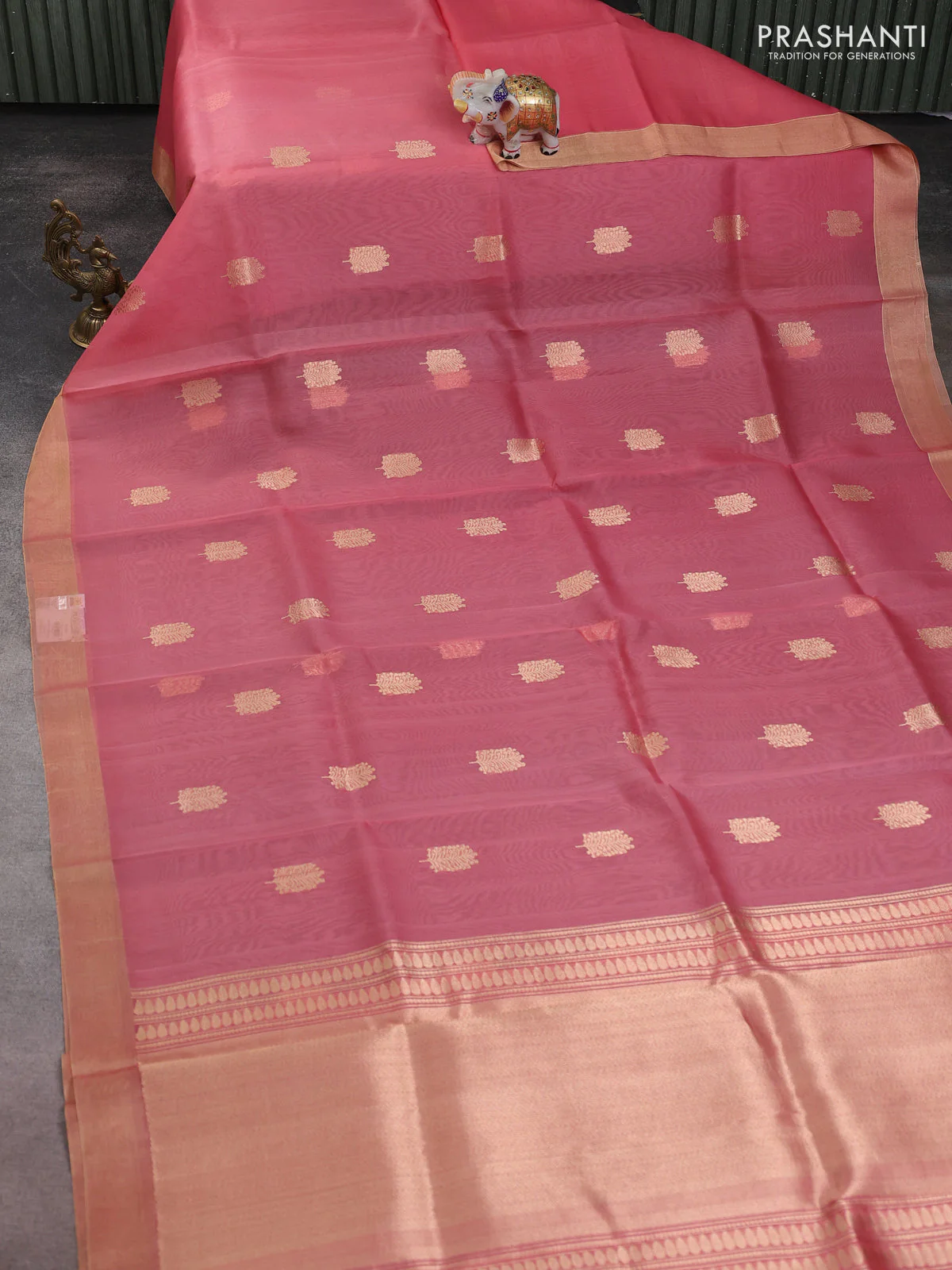 Banarasi organza silk saree peach pink with zari woven buttas and zari woven border - Image 2