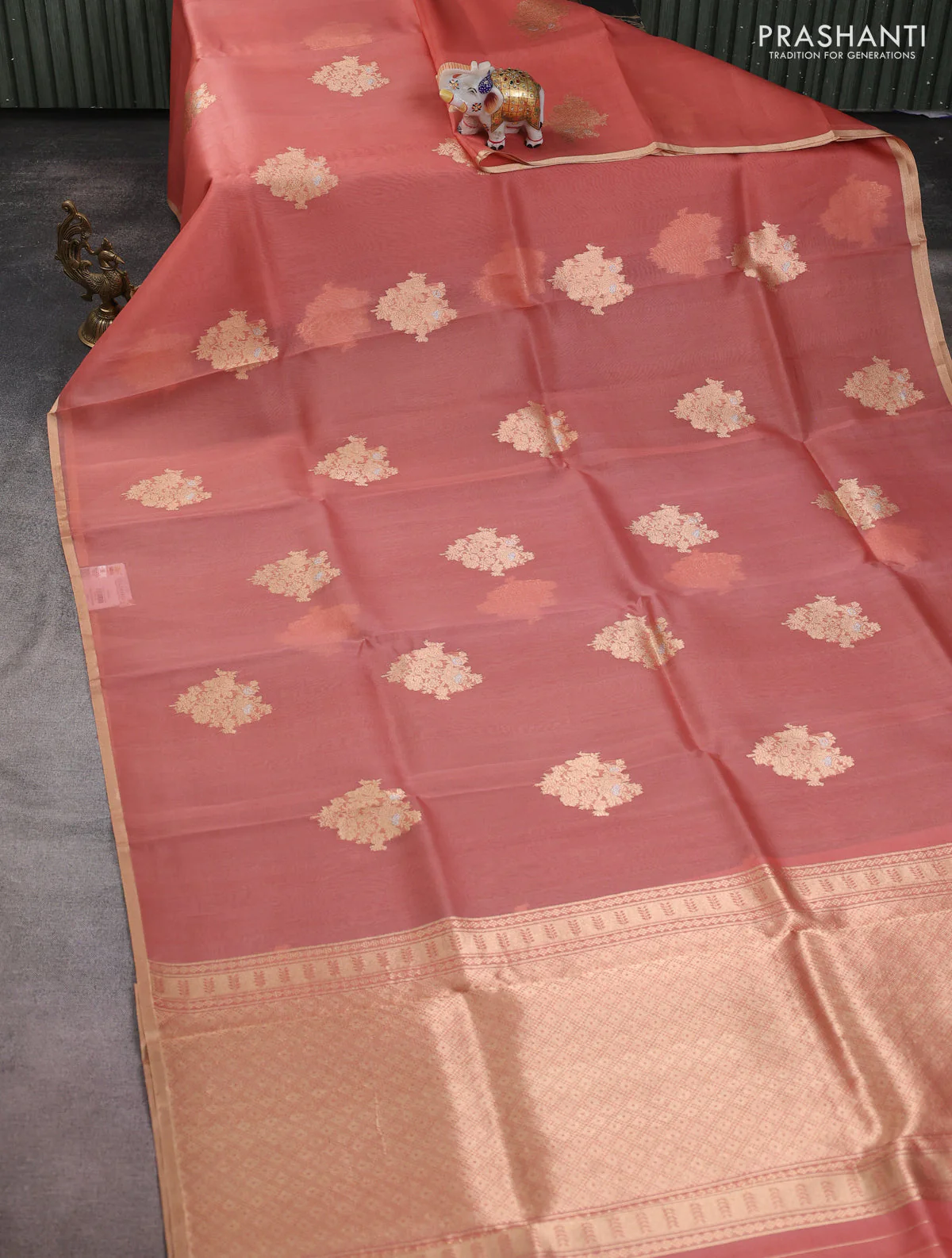 Banarasi organza silk saree peach shade with zari woven buttas and zari woven border - Image 2