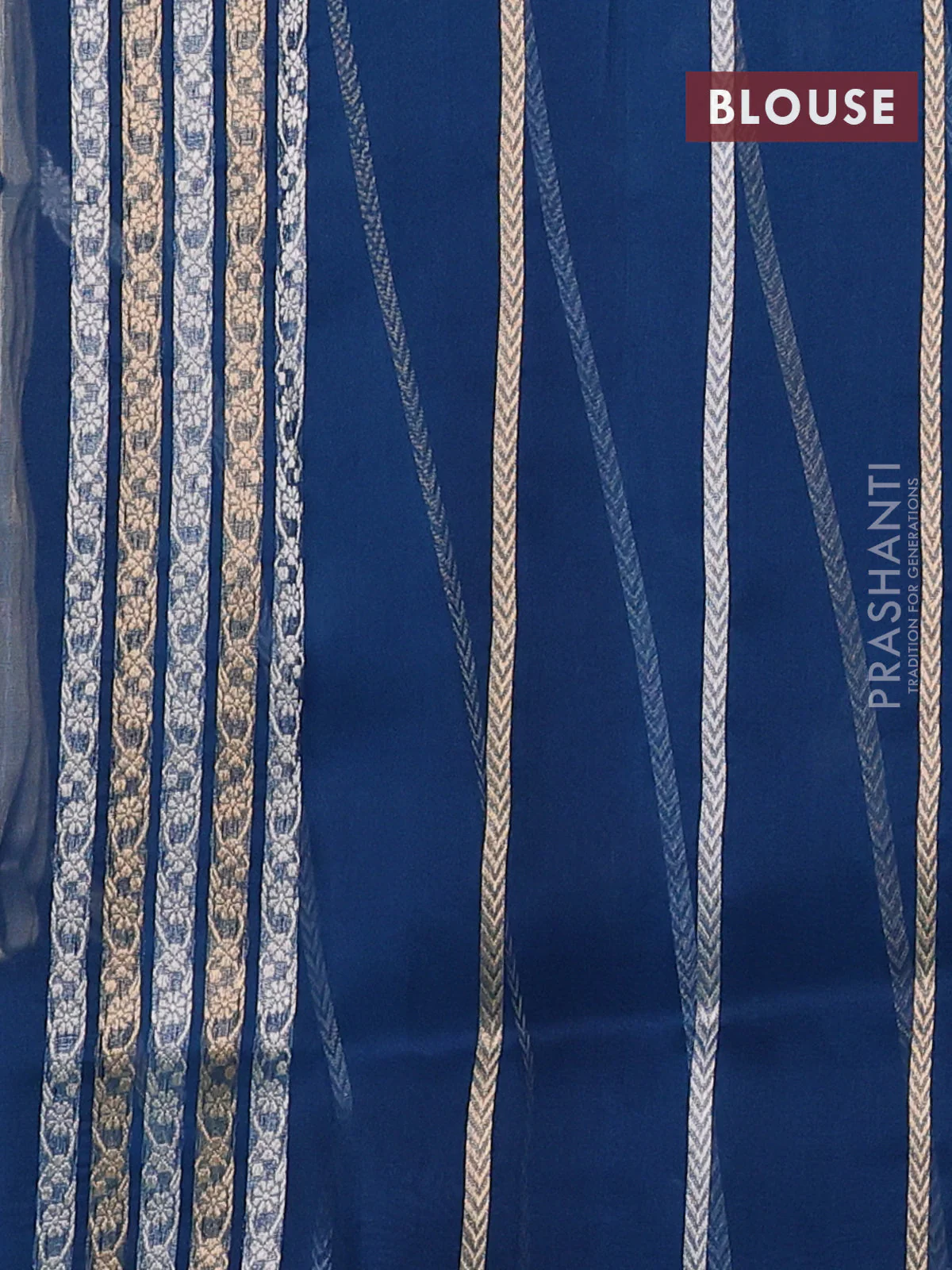 Banarasi organza silk saree peacock blue with allover silver & gold zig zag zari weaves and zari woven border - Image 3