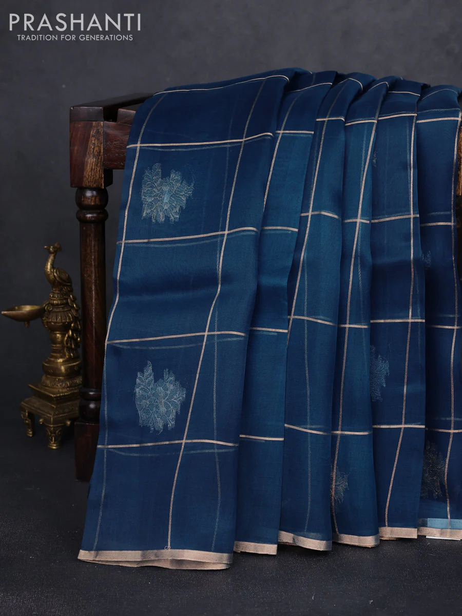 Banarasi organza silk saree peacock blue with allover zari checks & buttas and zari woven border